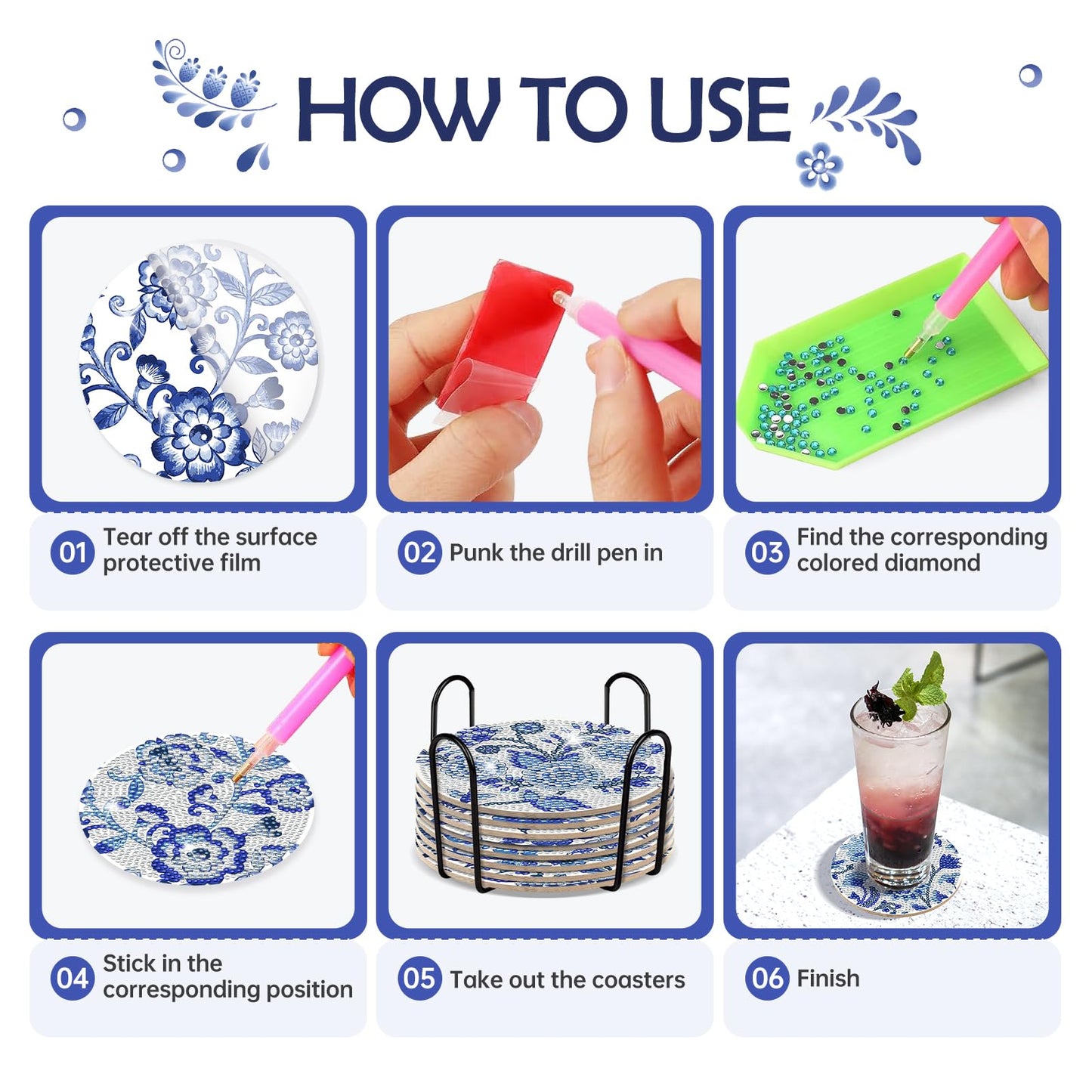 INCOK Blue Flower Diamond Art Coasters - 8 Pcs Diamond Painting Coasters Kits with Cork Base Home Table Decor DIY Crafts Party Supplies Mother's Day Birthday Gift for Adult Beginners