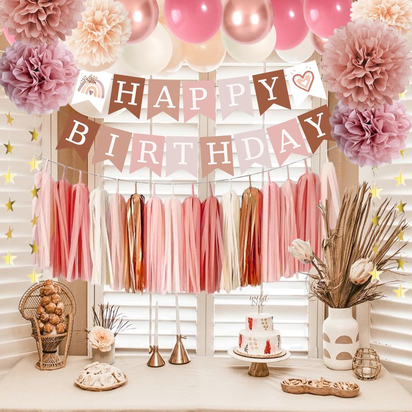 Birthday Decorations for Women, Retro Blush Pink Party Balloons Boho Happy Birthday Banner Paper Pompoms Tassel Garland, Neutral Rustic Birthday Party Décor Supplies Girls Boys Adults