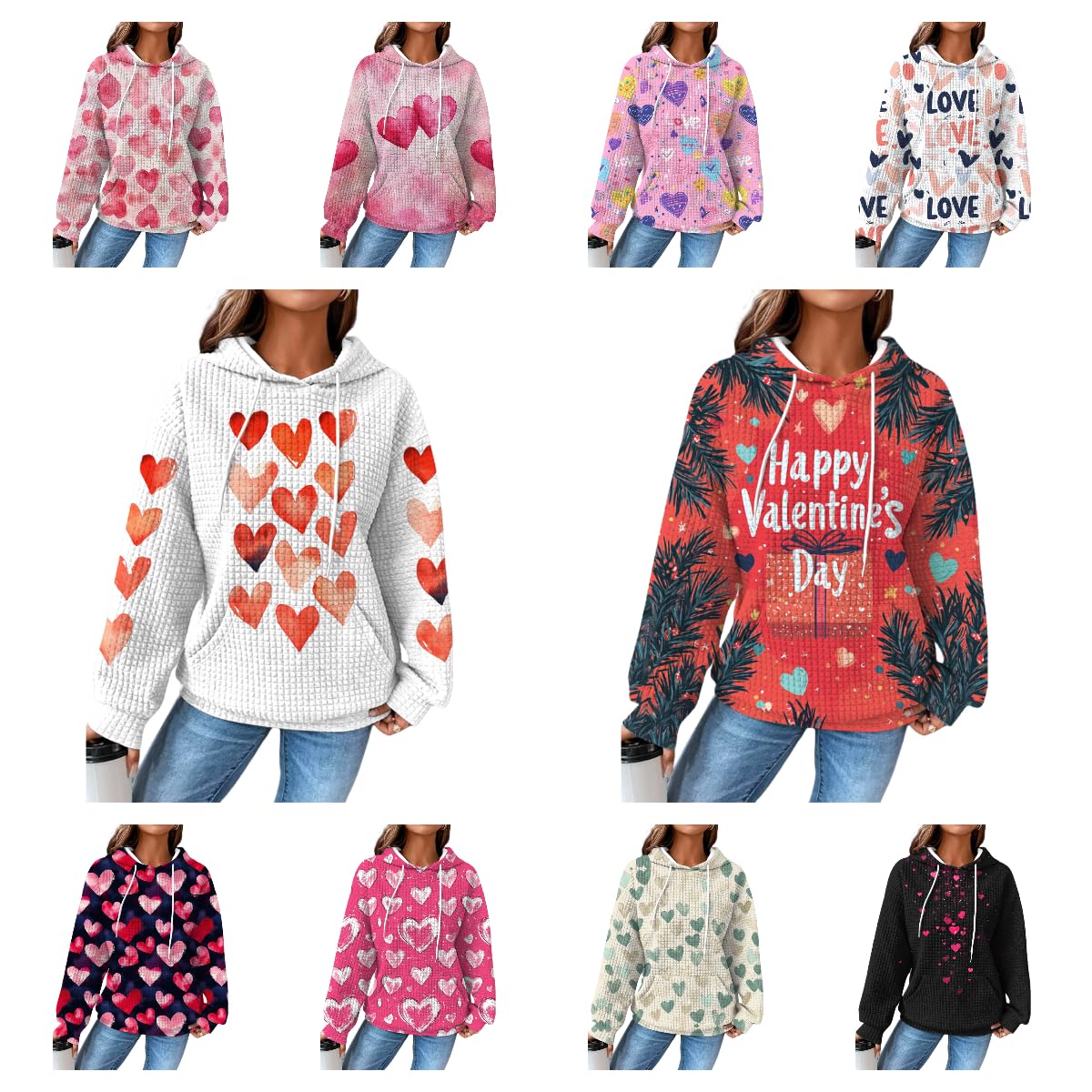 domirica Valentines Day Hoodies For Women Heart Print Pullover Oversized Waffle Long Sleeve Cute Graphic Hooded Sweatshirts Comfy 2025 Spring Fashion Trendy Casual Blouses Wiht Pockets,S