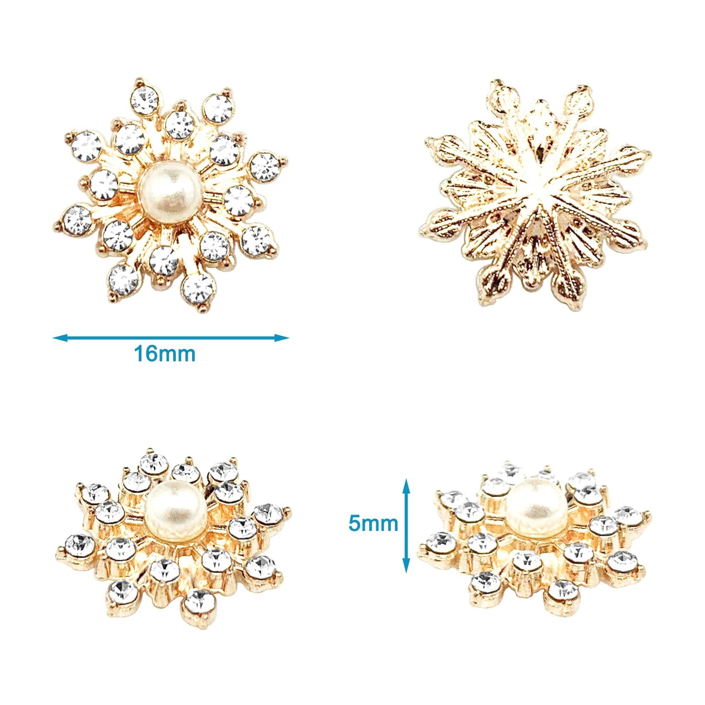 BETITETO 50Pcs Pearl Rhinestone Charms Flatback Flower Buttons Embellishments Bulk for DIY Shoe Sock Charms Bag Decoration Brooch Headbands Clothes Wedding Flower Bouquet Crafts (#1 KC Gold Alloy)