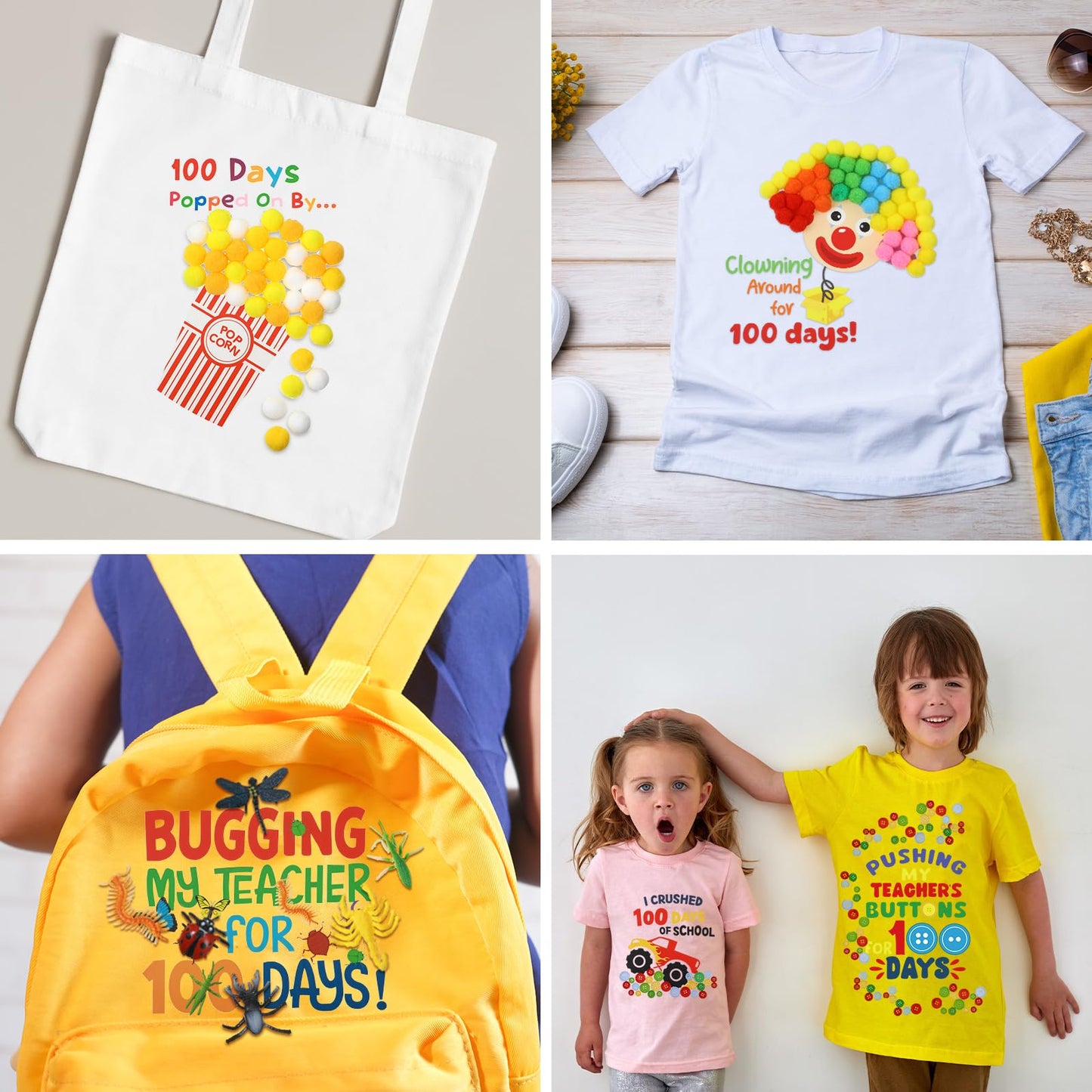 Glenmal 6 Sets DIY 100th Day of School Iron on Decals, Craft Kit with Patches Pompoms Buttons Gem Stickers Realistic Insects Popcorn Clown Heat Transfer Stickers for School Party DIY Clothing Bag