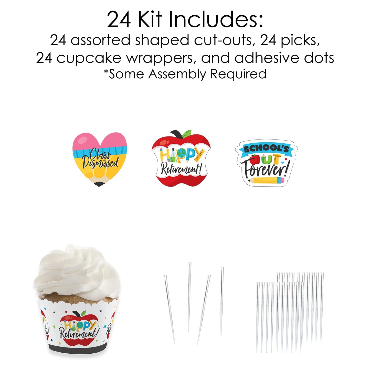 Big Dot of Happiness Teacher Retirement - Cupcake Decoration - Happy Retirement Party Cupcake Wrappers and Treat Picks Kit - Set of 24