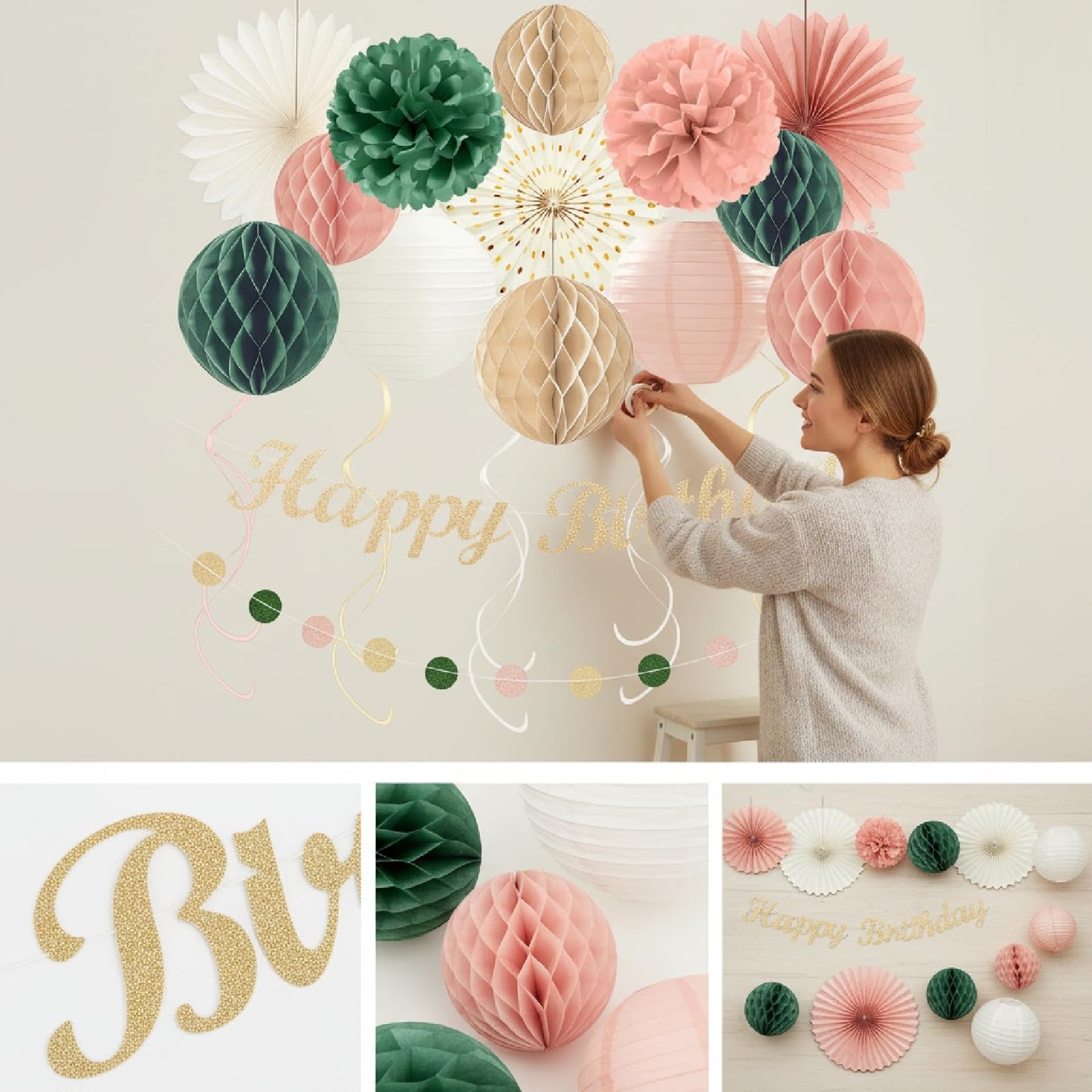 24Pcs Boho Style All-In-One Party Decorations Kit, Happy Birthday Banner with Honeycomb Balls, Paper Flowers, Lanterns, Hanging Swirls, Garland for Women, Girls Celebrations (Pink Sage Green)
