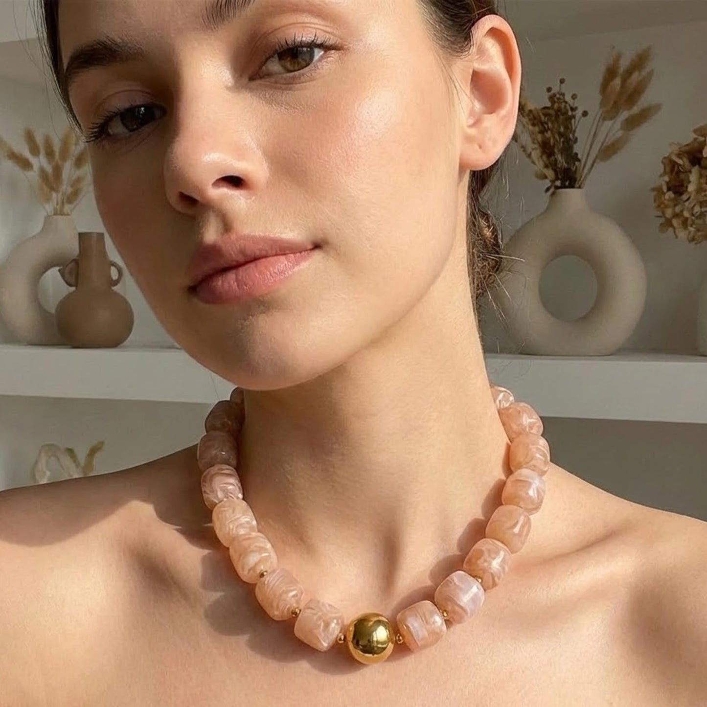 Mchic Beige Beaded Choker Necklace for Women: Large Square Acrylic Beads Adjustable Boho Strand Necklace Handmade Summer Beach Jewelry Stainless Steel Gift for Women