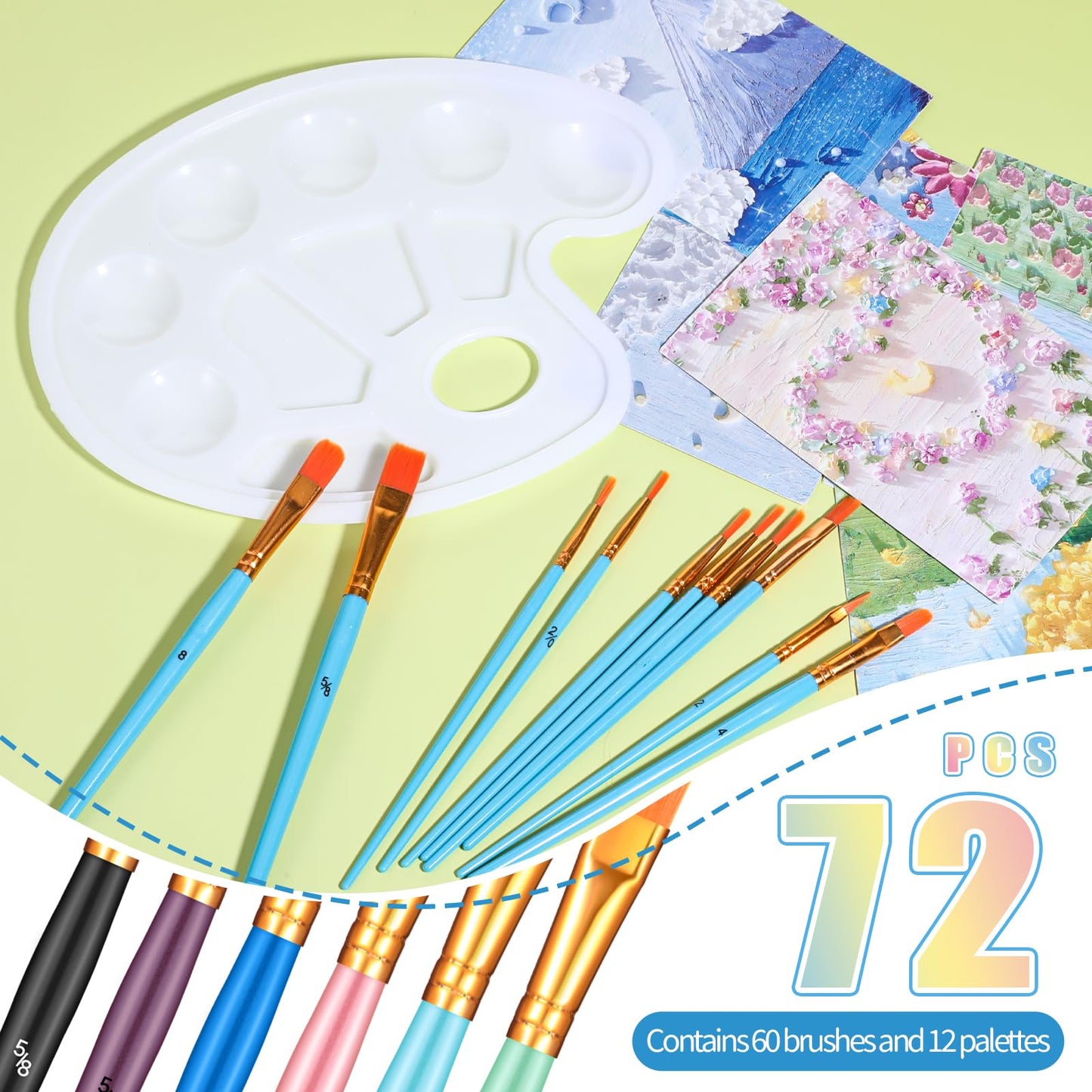 72 Pcs 60 Paint Brushes and 12 Paint Palette Tray, Paints Brushes Palette Set, Professional Artist Painting Set for Watercolor, Oil, Acrylic Painting, Suitable for Kid and Adults