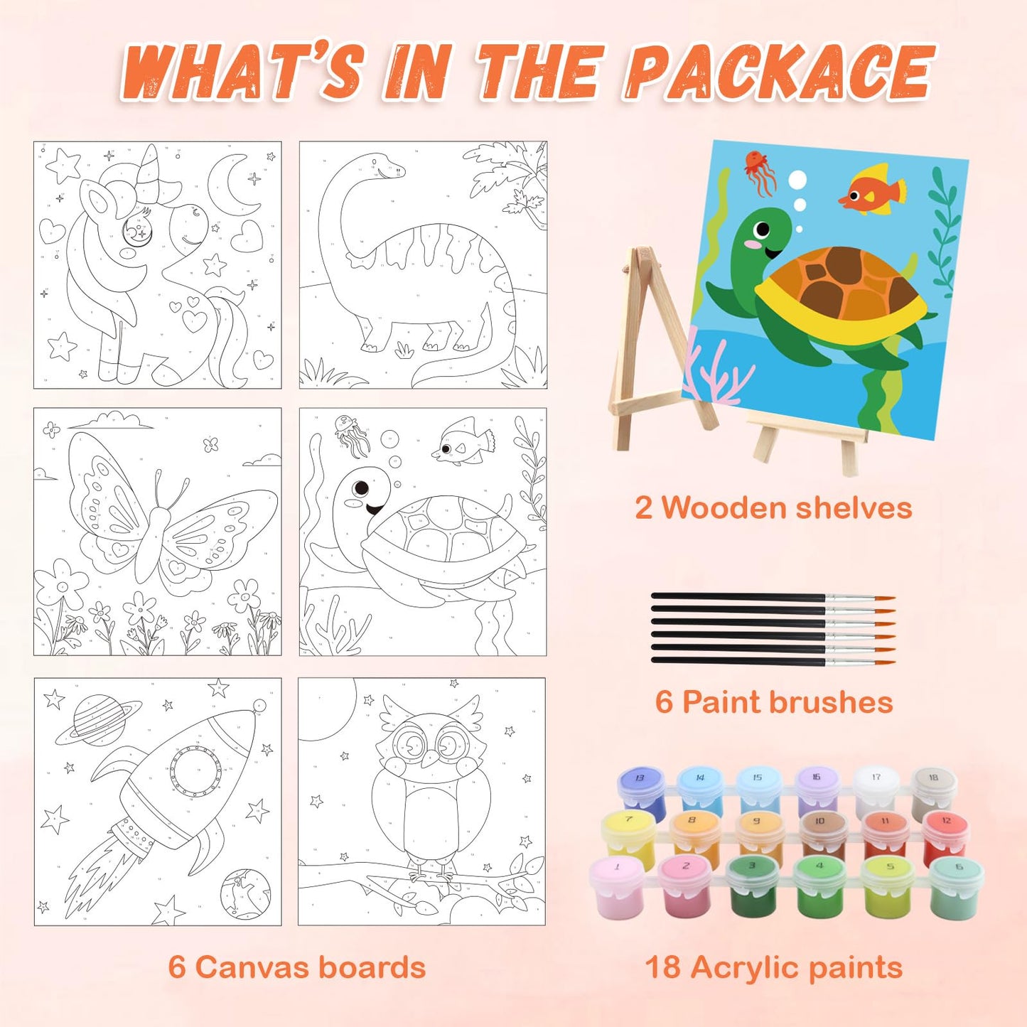 goldentime 6 Pack 8x8inch Paint by Numbers Kit for Kids, Predrawn Canvas for Painting with Unicorn, Butterfly & More, Includes 18 Acrylic Paints, 6 Brushes & Easels, Easy Art Supplies for Kids 4-8-12