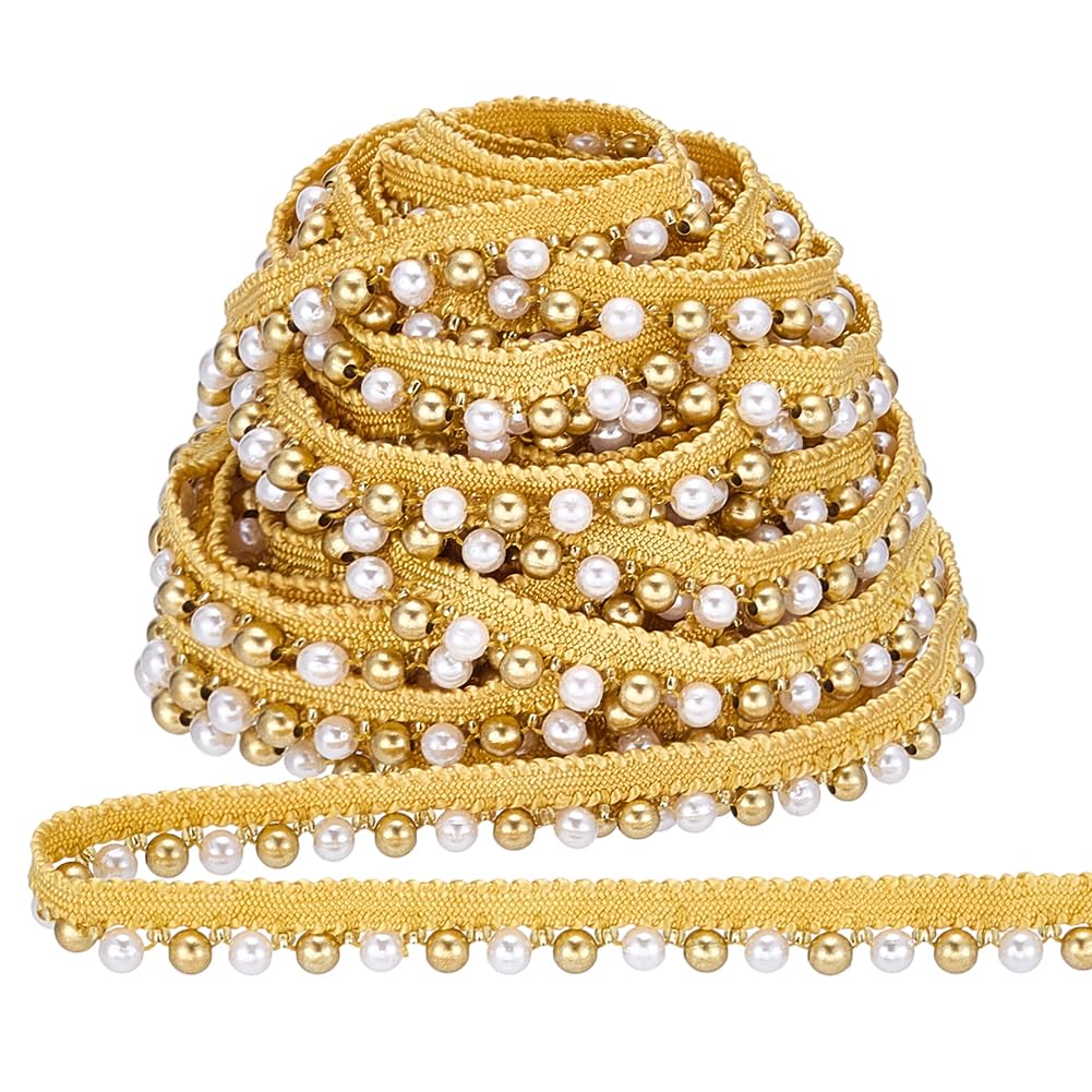 PH PandaHall 4.5 Yards Pearl Lace Trim Faux Pearls Lace Ribbon, 1/2 inch Wide Golden Pearl Beaded Ribbon Border Trim for Wedding Arch Chair Home Bridal Dress Christmas Decorations