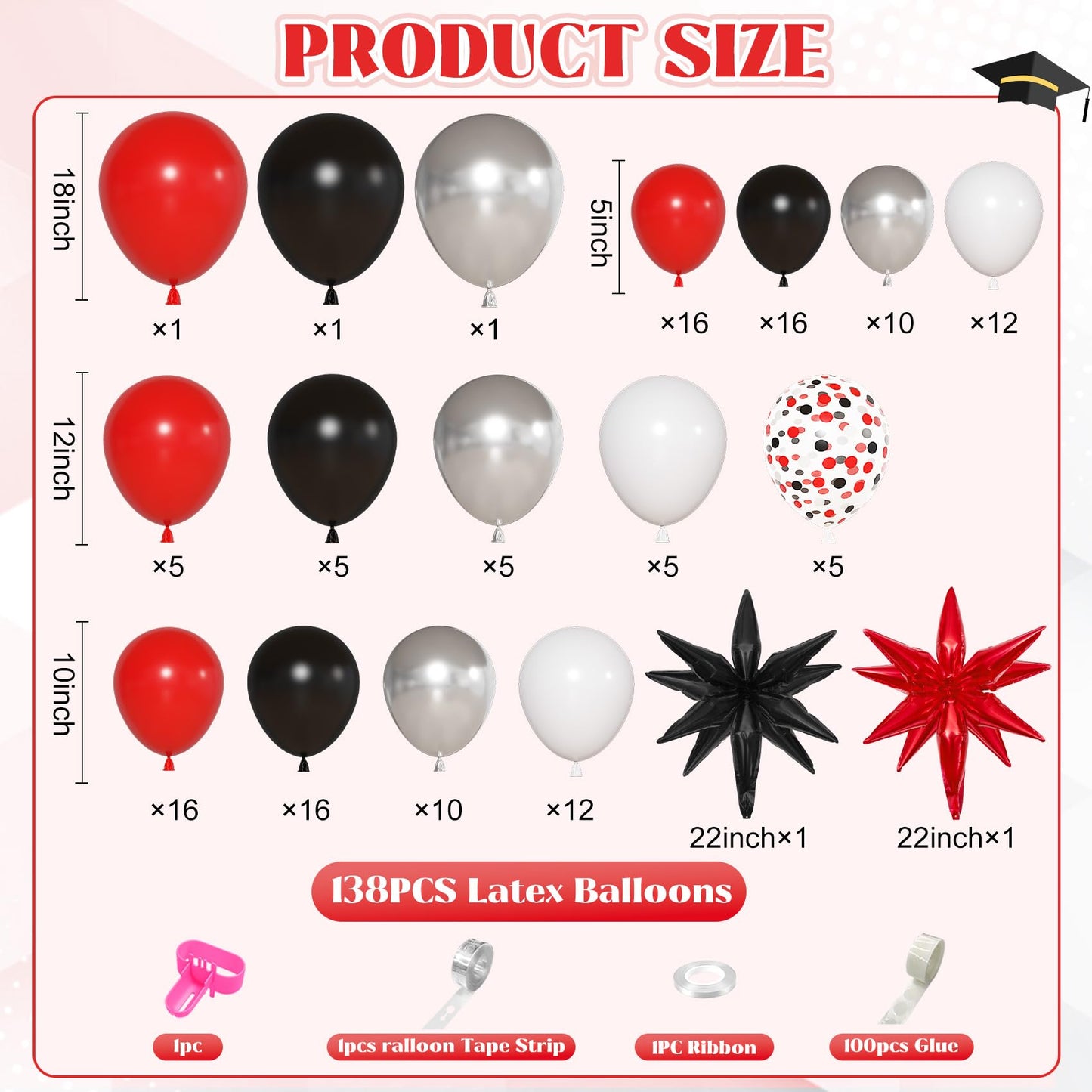Ouddy Life 142pcs Red and Black Balloon Garland Arch Kit, Class of 2026 Decorations Graduation Red Black and White Sliver Confetti Balloons Foil Star for Anniversary Birthday Racing Car Poker Party