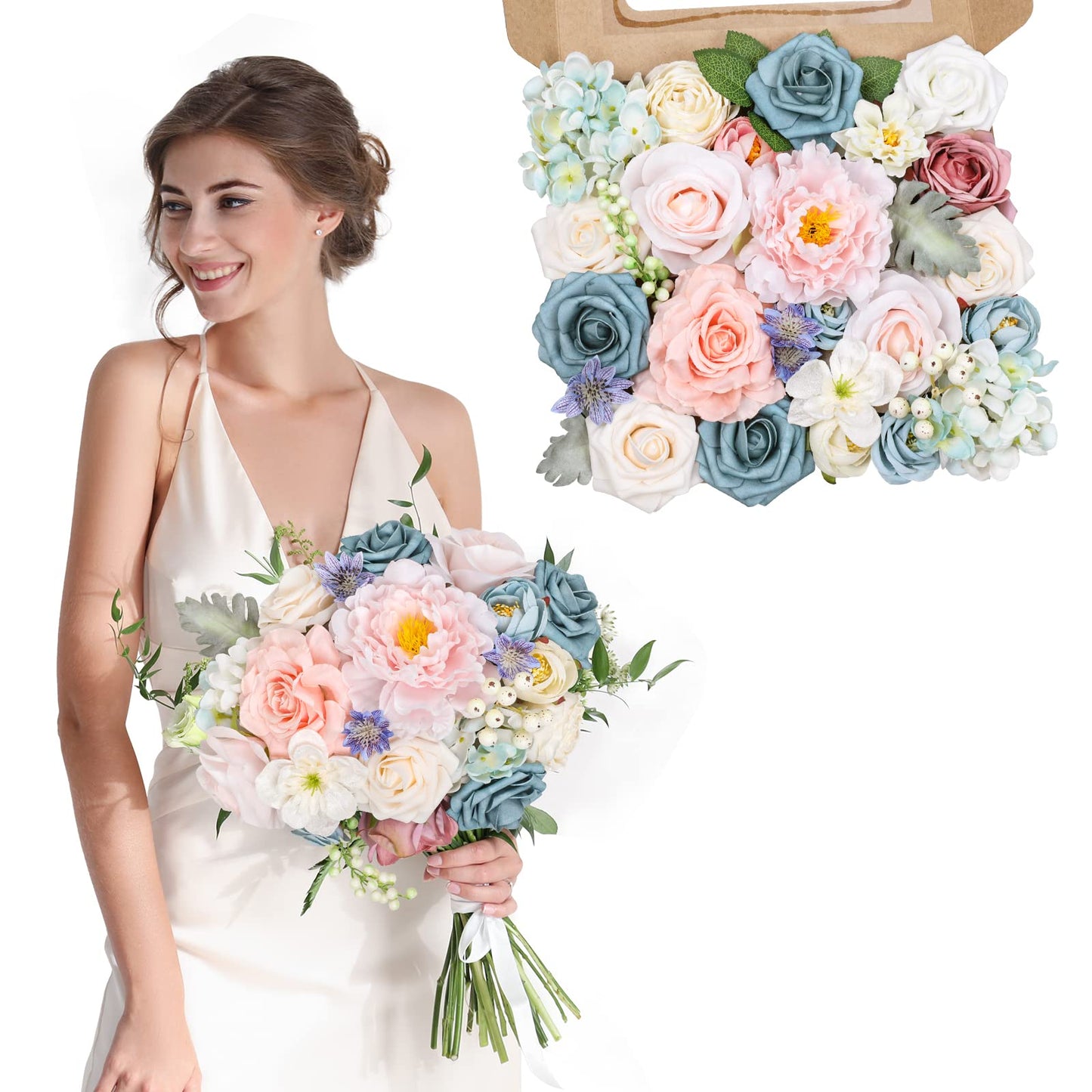 AmyHomie Blue Pink Artificial Flowers Combo Silk Mix Peony Rose Hydrangea Daisy Fake Flowers w/Stem for DIY Wedding Bouquets Centerpieces Arrangements Table Decor Party Bridal Baby Shower Home Decor