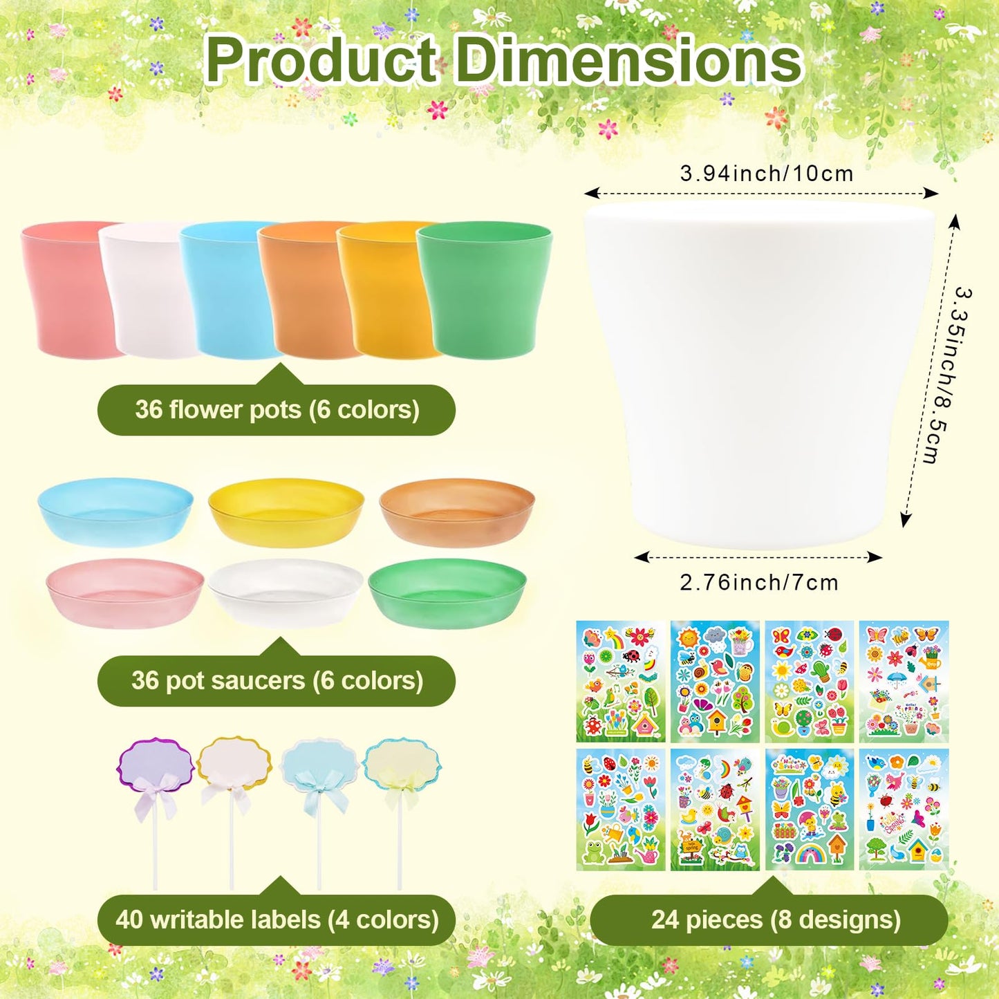 Adboros Garden Paper Pot Craft Kit, 36 Durable Resin Garden Pot with Tray Drainage Holes Adhesive Stickers and 40 Colorful Writable Cards, Flower Plant Spring Craft for Classroom DIY Flower Planting