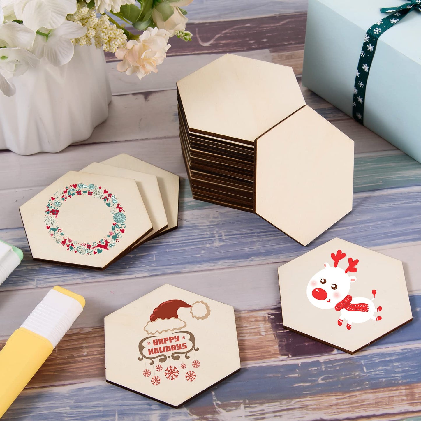 100 Pcs Unfinished Hexagon Wood Pieces Blank Wooden Hexagon Shape Cutouts Natural Wooden Tile Slabs Cutouts Slices for DIY Crafts Coaster Holiday Wall Home Decoration Painting Staining,3.5 x 3.1 Inch