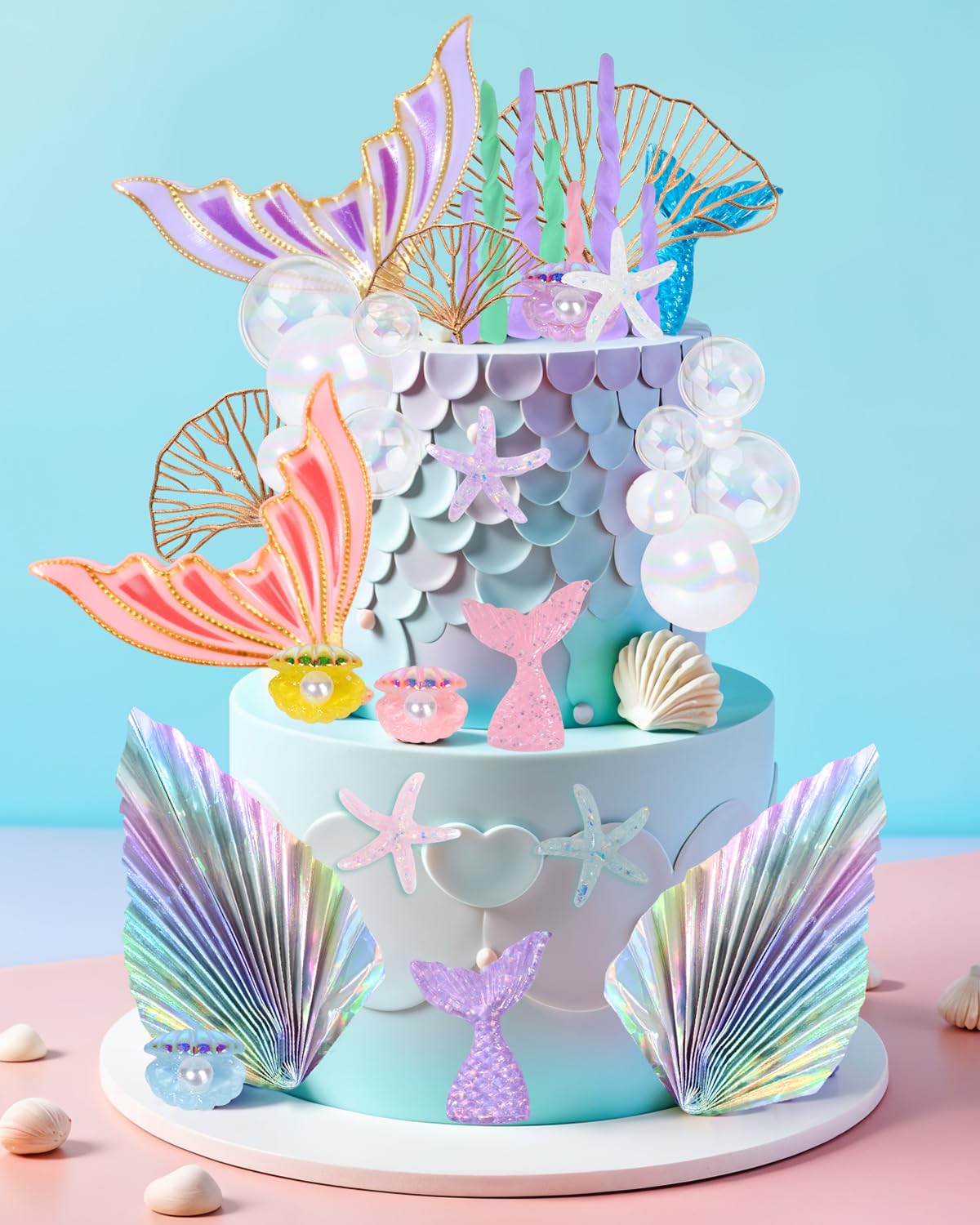 Glavatrix Mermaid Cake Toppers, 40-Piece Under the Sea Cake Decor Set, Seaweed, Bubbles, Tails, Starfish, Shells, Origami, Golden Ginkgo Leaves, for Birthday Mermaid Theme Party Supplies