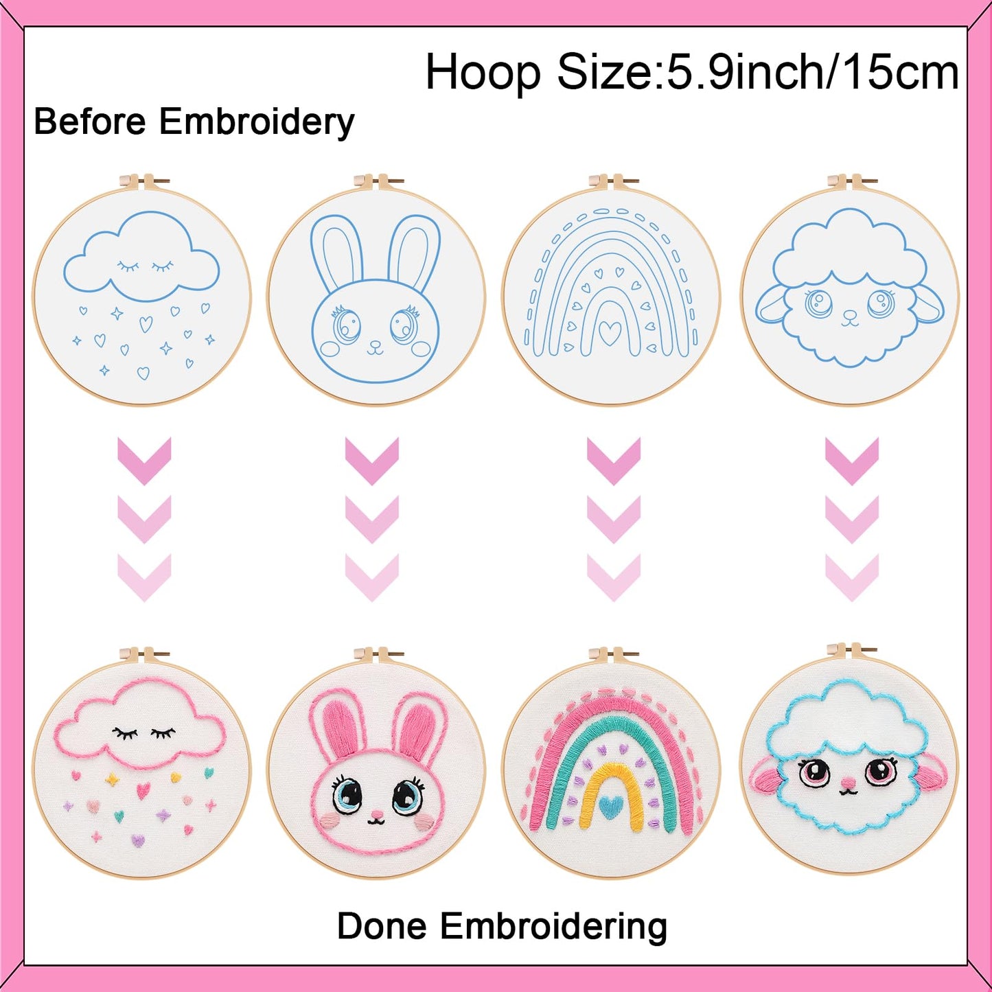 Louise Maelys Embroidery Kit for Beginners, 12 Packs Pre-Printed DIY Sewing Craft Kit,Kids Girls Cross Stitch Kit with Hoop, Threads, Needles and Scissors, Cute Animal & Cartoon Patterns