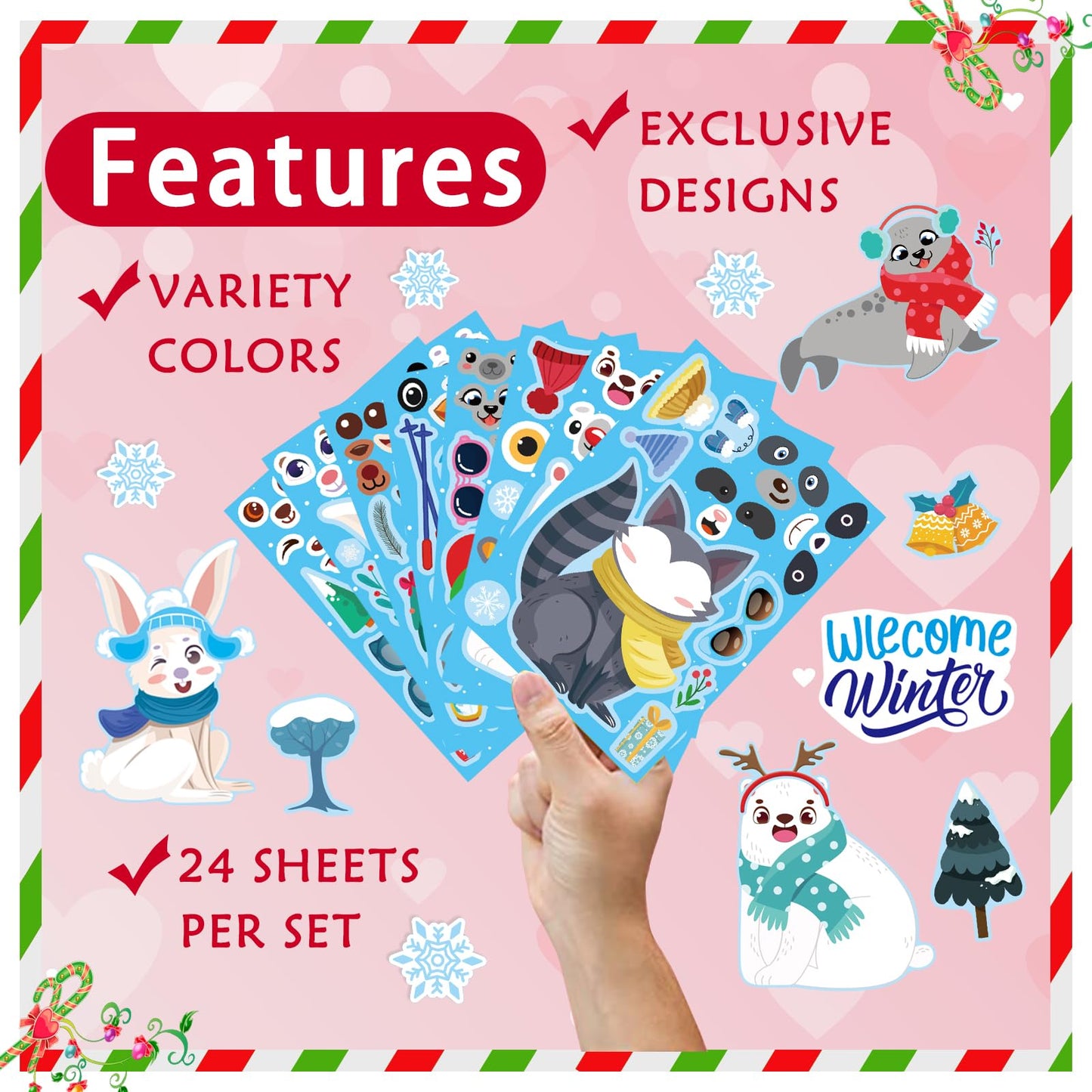 24 Sheets Winter Stickers for Kids Toddlers, Make-a-face Sticker Make Your Own Stickers 8 Designs of Animal Owl Penguin Snowman Bear Sticker Party Decorations Supplies