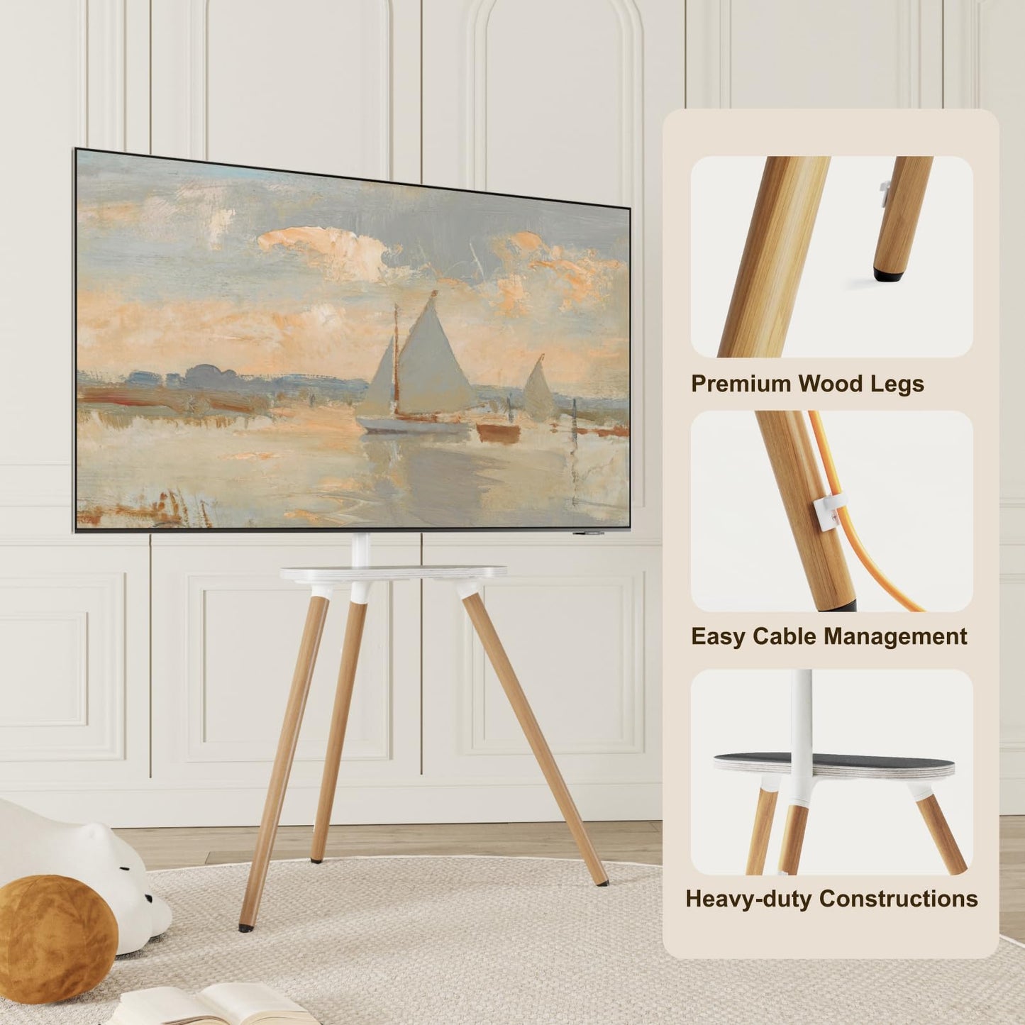 ECOTINY Tripod Easel TV Stand for 43–65 Inch TVs, Height Adjustable Swivel Floor Stand with Wooden Tray and Cable Management, VESA 400x400, Minimalist White