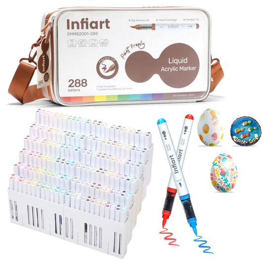 Infiart 288 Colors Acrylic Paint Markers Brush Tip, Automatic Ink Control Acrylic Paint Pens Waterproof Acrylic Markers Set for Holiday Decorations, Stone, Wood, Glass, DIY & Art Supplies