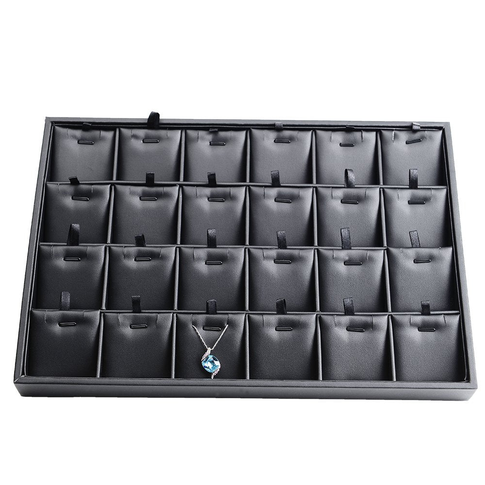 Woodten Black PU Leather Jewelry Display Tray 24 Grids Pendant Earrings Necklace Organizer Display Showcase Jewelry Storage Tray
