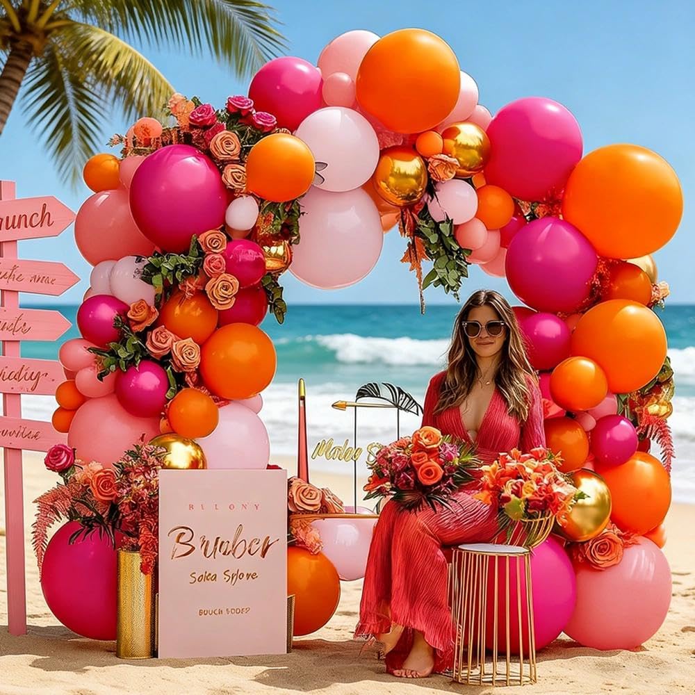Pink Orange Balloon Garland Double Stuffed Hot Pink Orange Gold Metallic Pastel Balloon Arch Kit for Birthday Baby Bridal Shower Wedding Summer Tropical Graduation Party Decorations