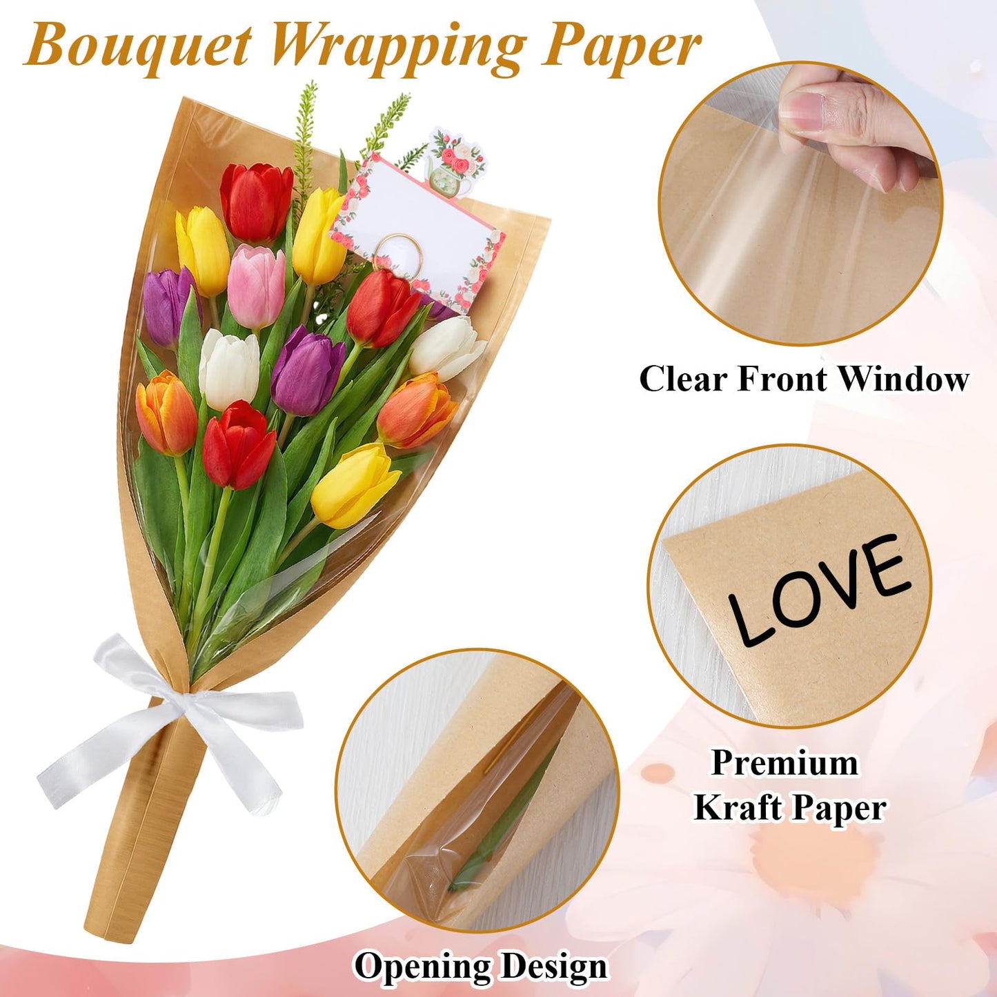 Oqqlin 100 Pcs Flower Bags for Bouquets, 9.4 x 18.1 Inch Flower Packing Paper Sleeves with 50 Floral Card Holders, Ribbons and Scissors Floral Packaging Bags for Florist Wrap Supplies, Graduation