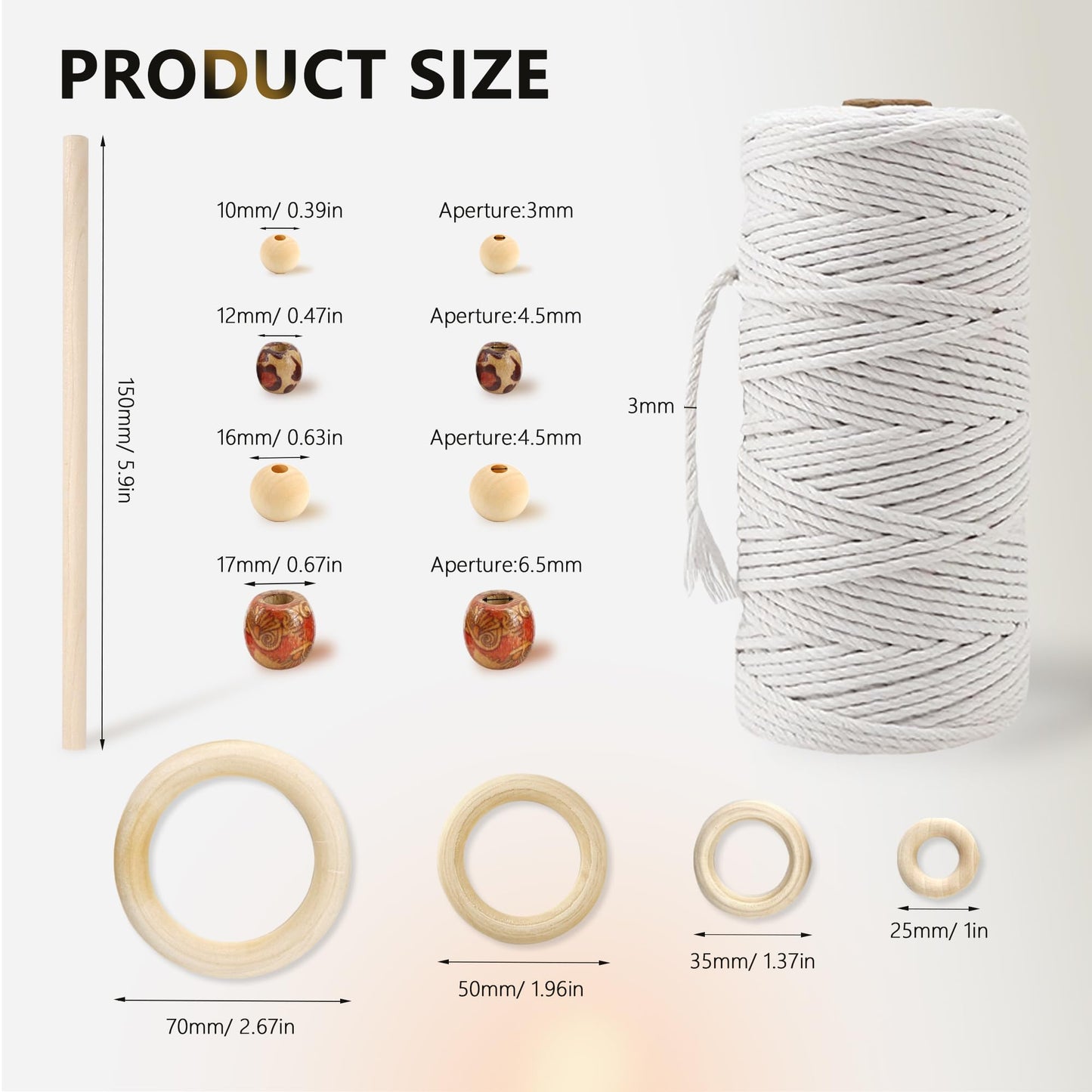 227pcs Macrame Kits 3mm 115yards Wall Hanging Natural Cotton Macrame Cord with Wooden Beads & Rings Wooden Sticks, Metal S-hooks Supplies for Hanging Plant Hand Tassel weaving