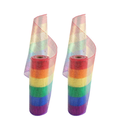 GouZaak 2 Rolls Rainbow Deco Mesh Ribbon 10 in x 30 ft, Metallic Mesh Ribbon Poly Mesh Rolls for DIY Wreath Supplies Christmas Tree Party Decoration Gift Wrapping,Floral