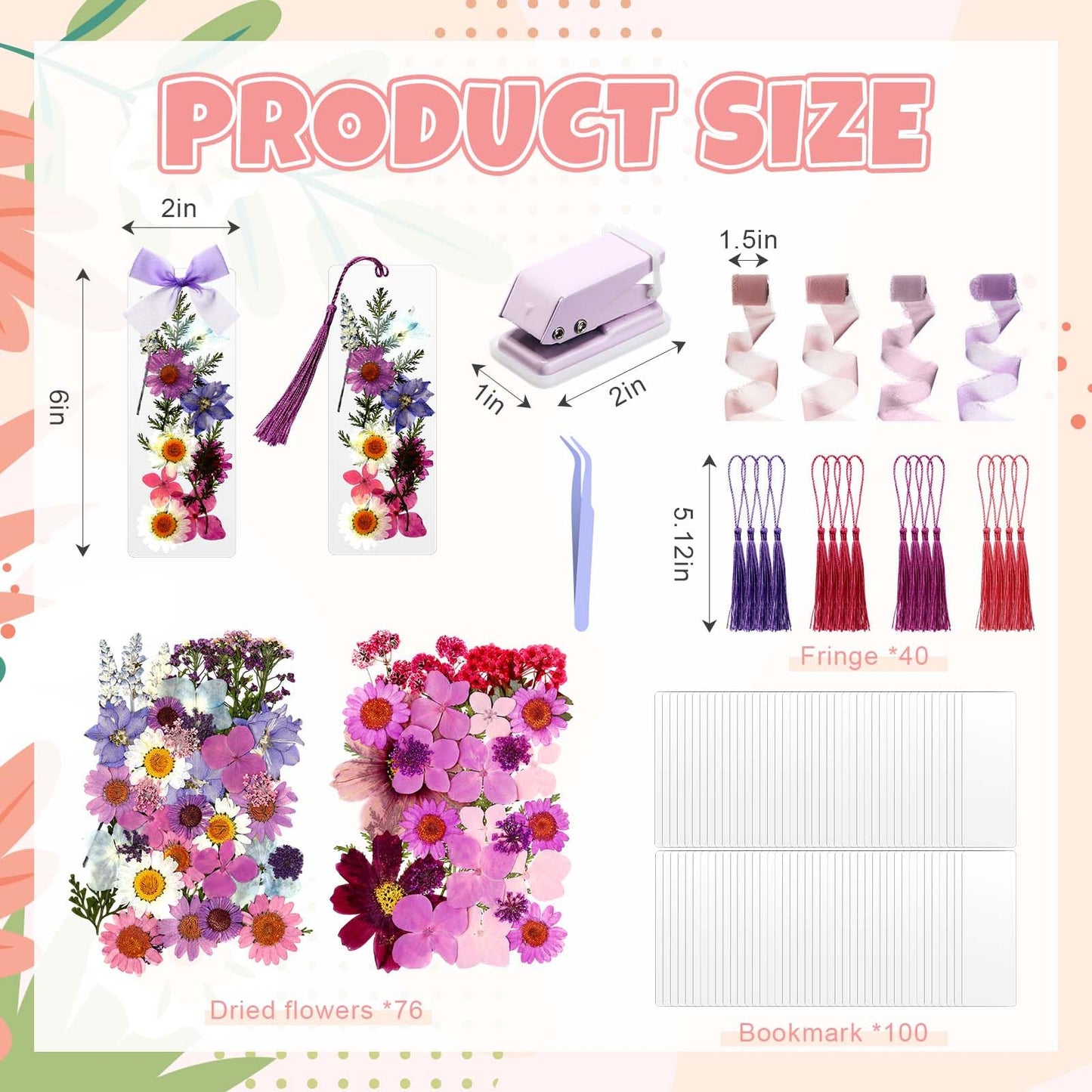 AmazingSpark 222 Pcs Dried Flower Bookmark Making Kit Include DIY Pressed Flower Colorful Tassels Ribbons and Transparent Bookmark Laminating Pouches 2 x 6 Inch(Purple)