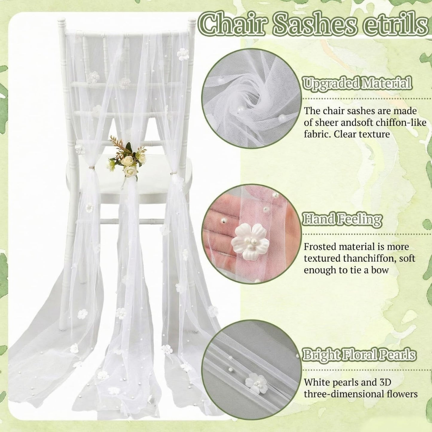 Suncalla 16 Pcs White Wedding Chair Sashes with Pearl Flowers, 96 x 8 Inch Lace Chair Back Decorations for Wedding Aisle Bridal Shower Reception Baby Shower Church Pew Decor