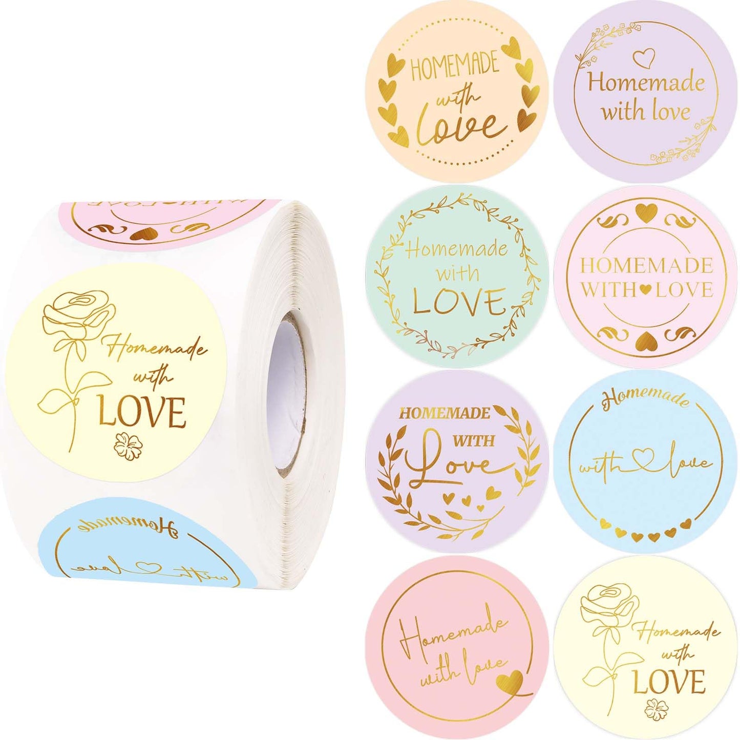 WorldBazaar Homemade with Love Stickers 500pcs Gold Foil Homemade Baked with Love Sticker for Baking Store Small Business Present Labels Wedding Birthday Christmas Party Supplies