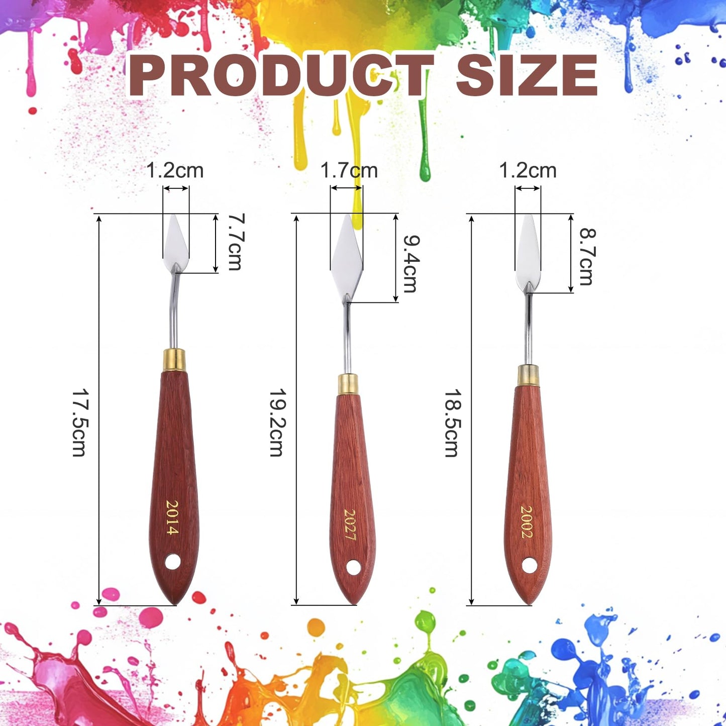 MECCANIXITY 3Pcs Palette Knife Type A, 17.5/18.5/19.2cm Long Palette Knives with Stainless Steel Flexible Spatula Pallet Knife and Wood Handle for Scraping, Mixing, Oil Acrylic Painting Canvas