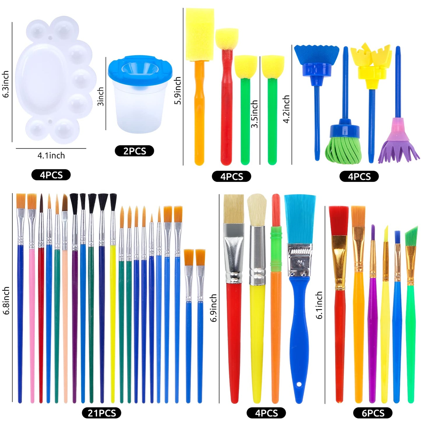 BigOtters Painting Brushes, 45PCS Kids All Purpose Paint Supplies Include Paint Cups with Lids Palette Tray Multi Sizes Brush for Children Gifts School Prizes Art Party