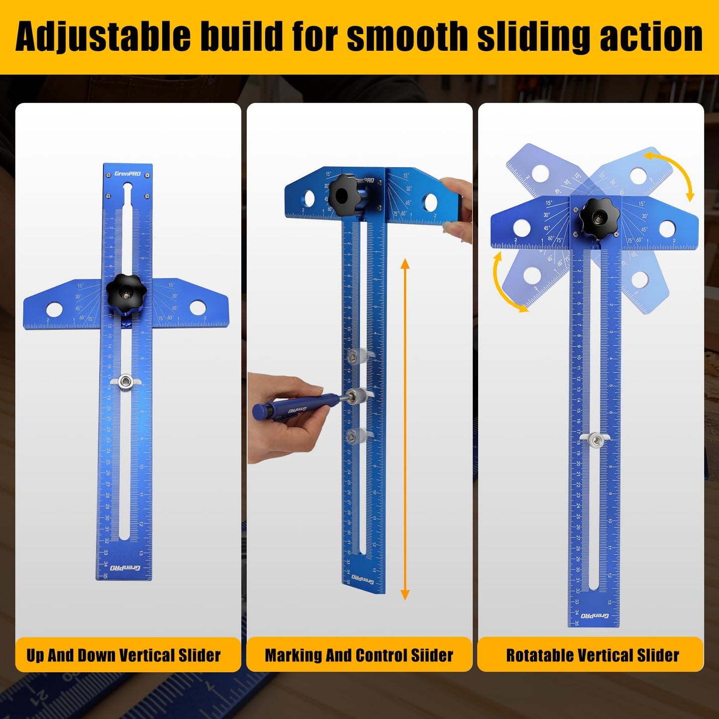 GRENPRO Woodworking Scriber Marking Line Ruler with Carpenter Pencil & Metal Ruler, Adjustable Aluminum Alloy Sliding T-Square Ruler, Measuring Angle Finder with Adjustment Scale,Drawing Aid Rule tool