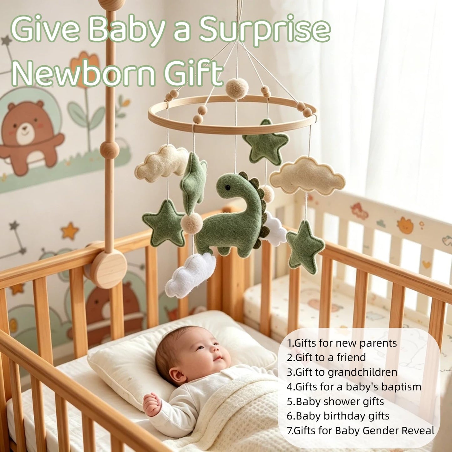 Soft Green Dinosaur Theme Baby Mobile for Crib, Simple Crib Bell for Boys and Girls,Handmade Felt Clouds Nursery Ceiling Decoration,Easy to Install Cotton Animal Charms for Bassinet