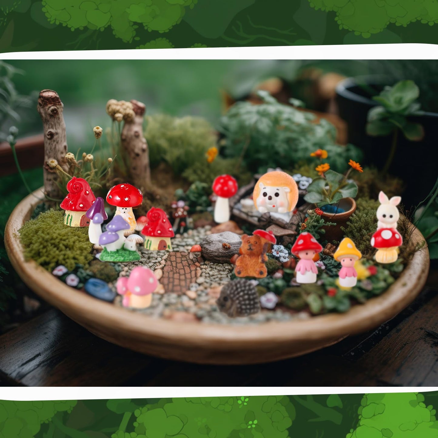 Canlierr 58 Pcs Miniature Garden Set Mushroom Hedgehog Fairy Rabbit House Diorama Accessories Mini Terrarium Figurines Micro Landscape Fairy Village Starter Kit for DIY Garden Decor Dollhouse Craft