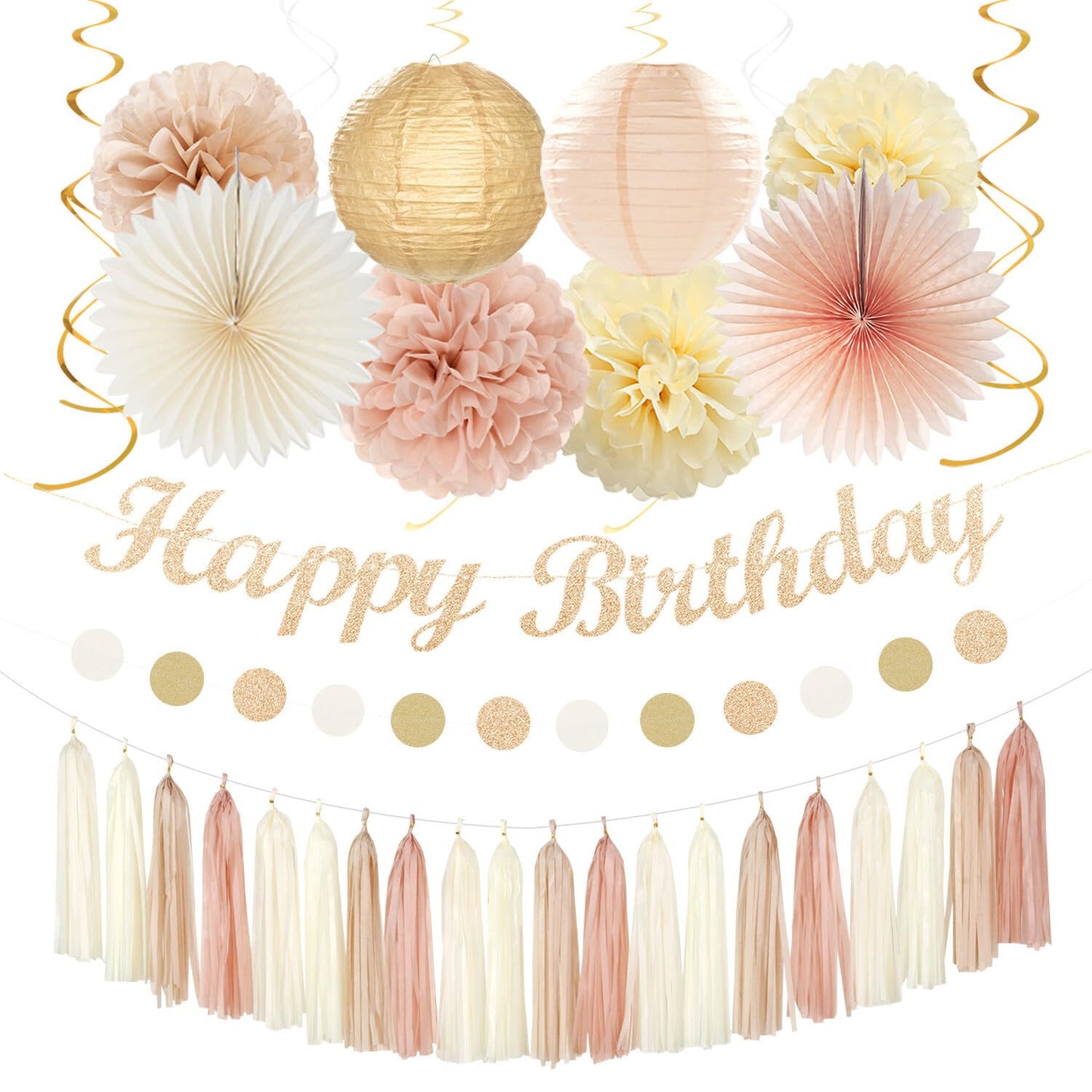 Champagne-Gold Beige 21st Happy-Birthday Party-Decorations - 31pcs Sweet 16 18th Women Girls Paper Lanterns Streamers Banner,Tissue Pom Poms Fans Tassels Graland Decor,Fall Boho Rose Backdrop Hugmoon