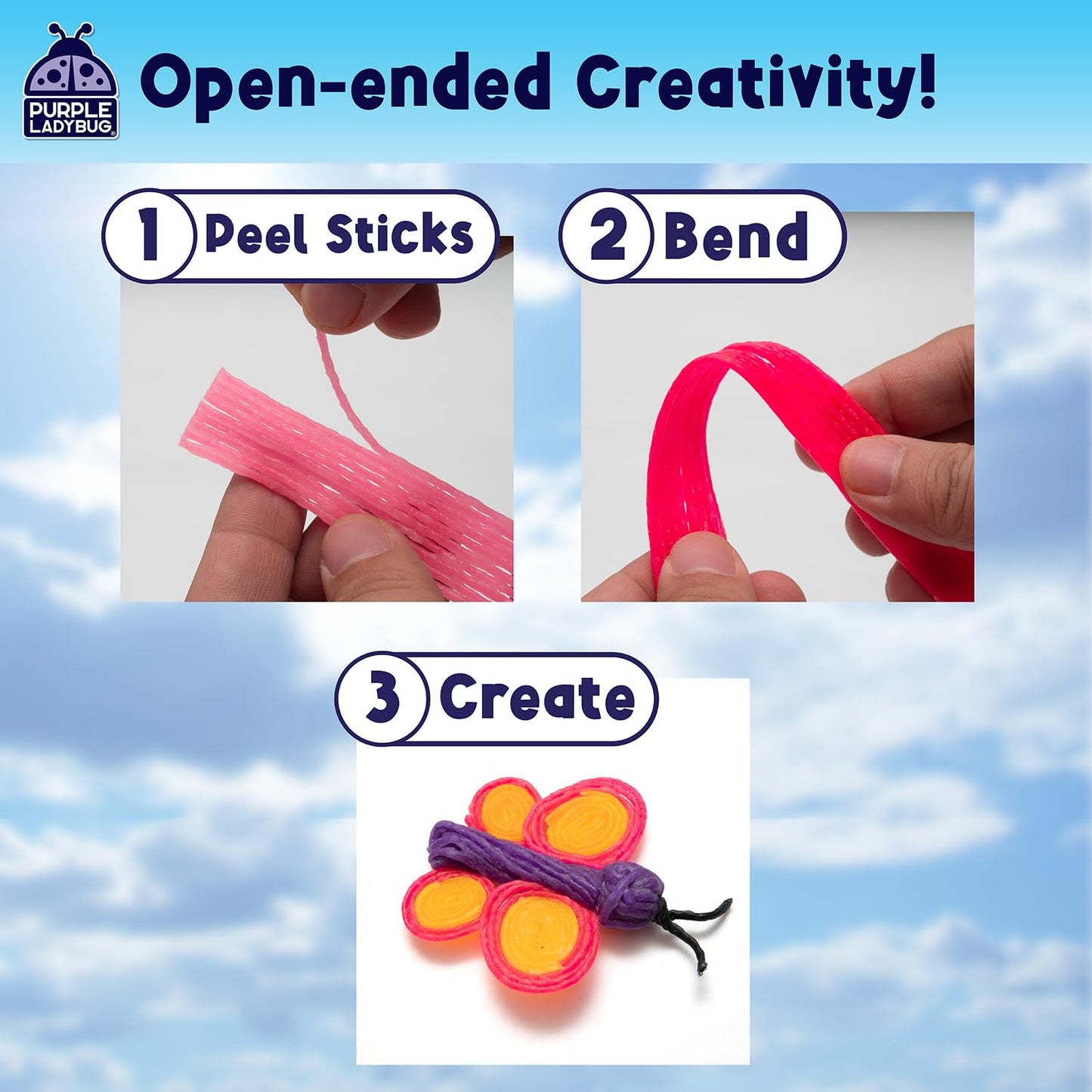 PURPLE LADYBUG 300 PCS Bendable Wax Craft Sticks, Imagination Sticks for Kids, Road Trip Essentials, Travel Toys for Toddlers in Car, Airplane Activities for Kids Ages 4-8, Camping & Summer Essentials