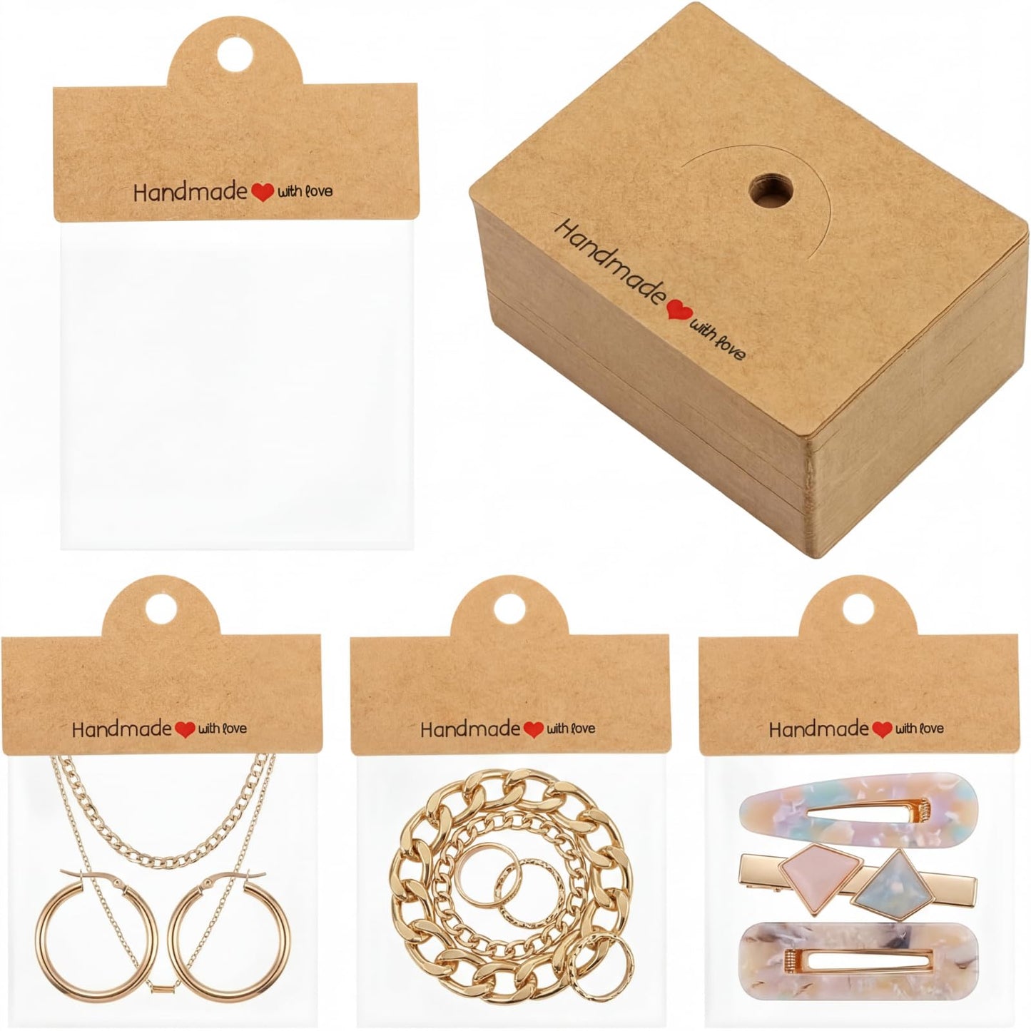 Janlaugh 200 Pcs Jewelry Package Bags Jewelry Display Bags for Small Business Brown Display Clear Pouch for Selling, Small Craft Packaging Set for Bracelets, Key Chains, Earring, 3.15 x 4 Inches