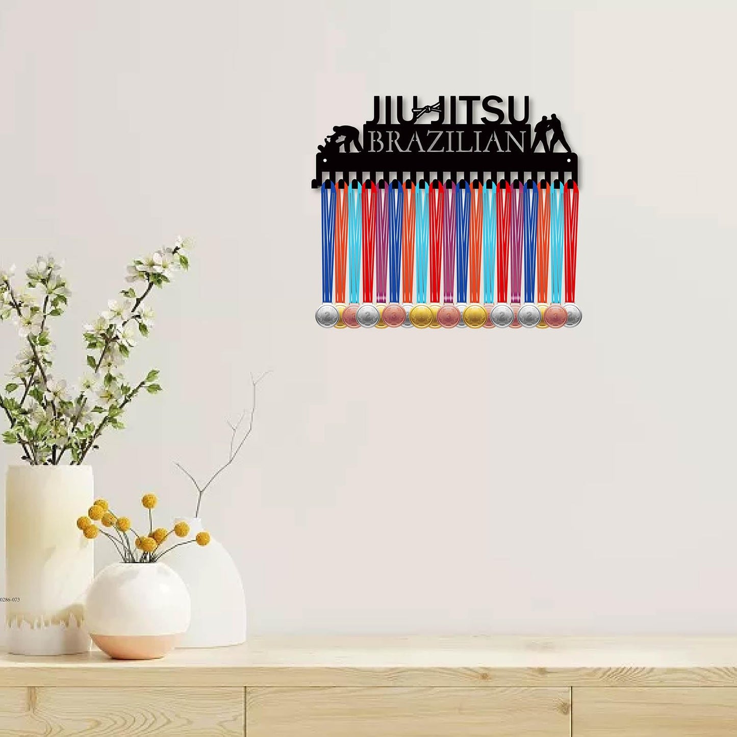 CREATCABIN Jiu Jitsu Brazilian Medal Holder Competition Medal Hanger Display Rack Sports Metal Hanging Athlete Awards Iron Wall Mount Decor with 20 Hooks for Race Medalist Ribbon Black 15.7x5.4in