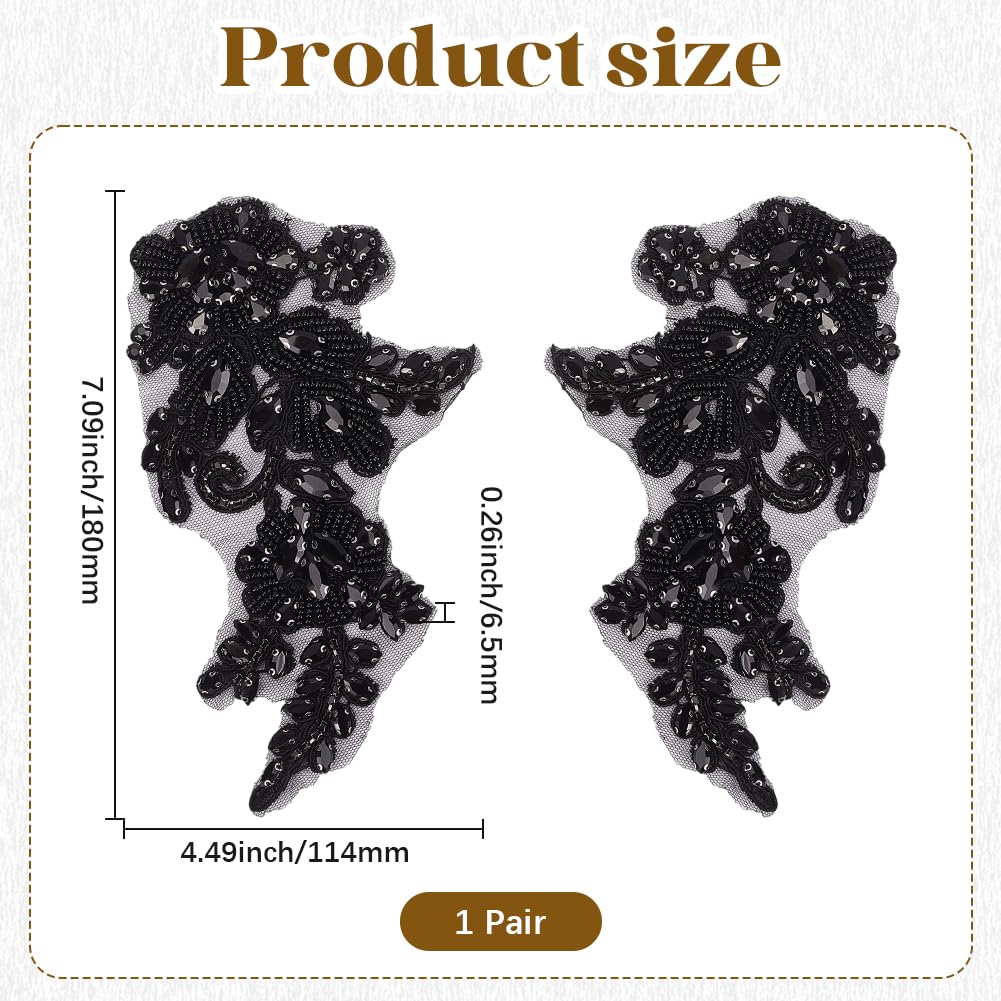 CABODYALS 2Pcs Black Floral Rhinestone Applique Handmade 3D Flower Pearl Beaded Lace Trim Appliques Crystal Bead Embroidery Sew on Tulle Pathes for Sewing Making Dresses Bridal Wedding Gowns Clothes