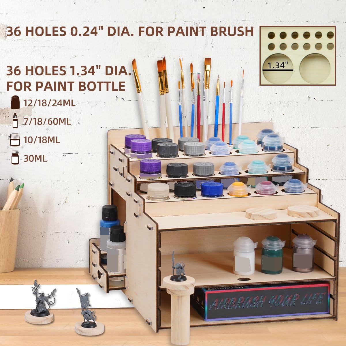 T TOGUSH Model Paint Holder with Adjustable Storage, Wooden Miniature Model Paints Organizer for 36 Paint Holes and 36 Holes of Painting Brushes wtih Model Pieces Shelf
