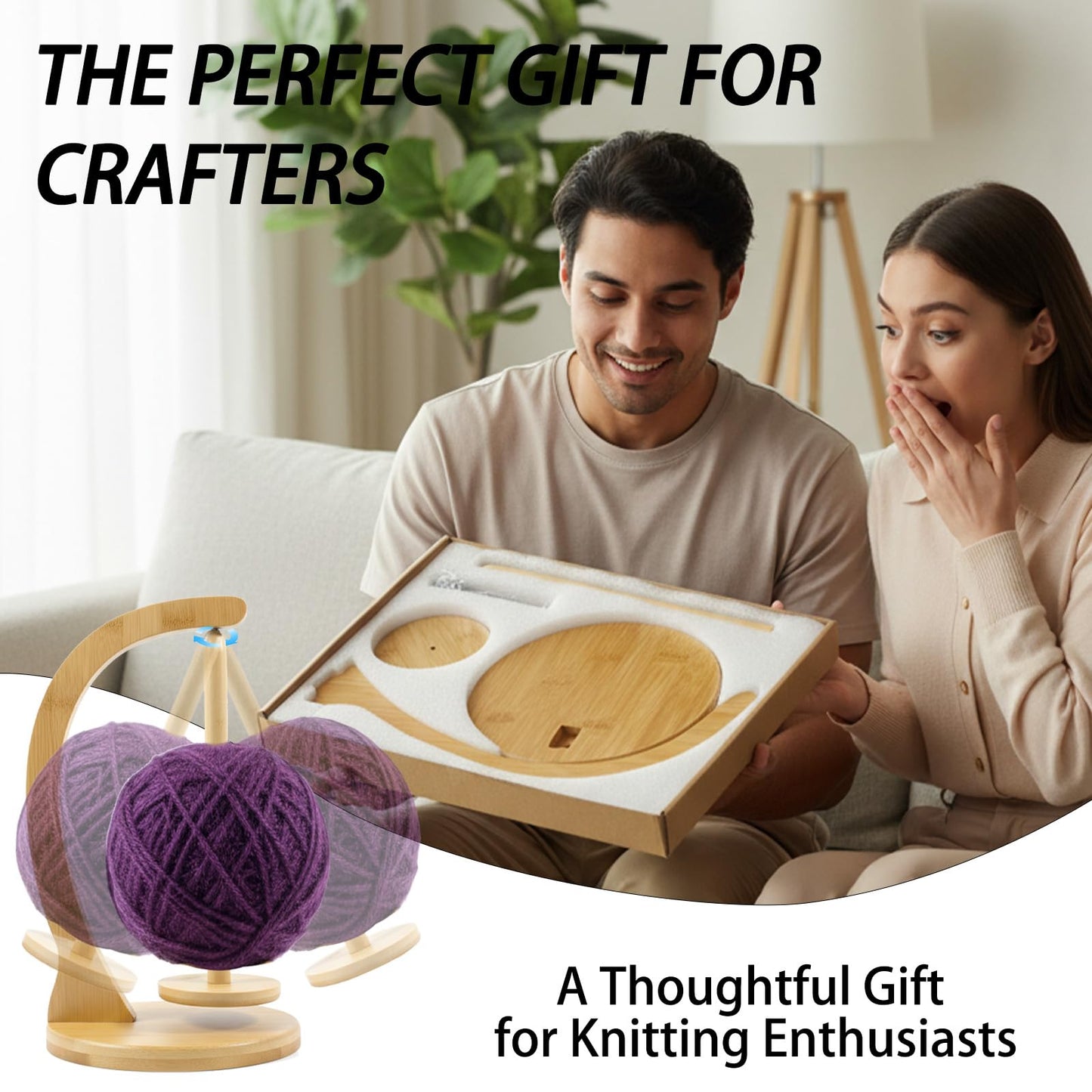 Yarn Holder for Crocheting and Knitting, Wooden Yarn Spinner with Magnetic Rotating Mechanism,Gift for Crocheter and Knitter（Natural）