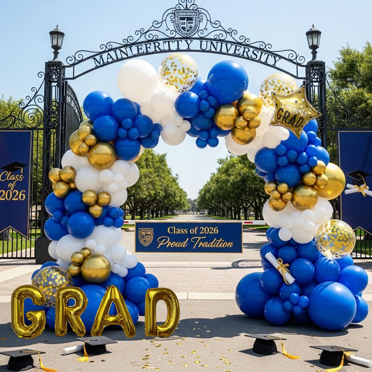 Graduation Balloon Arch Kit - 128Pcs Blue White and Gold Balloon Garland with 16" GRAD Letters, Star Foil and Confetti Balloons for Class of 2026 Grad Prom College Party Decorations