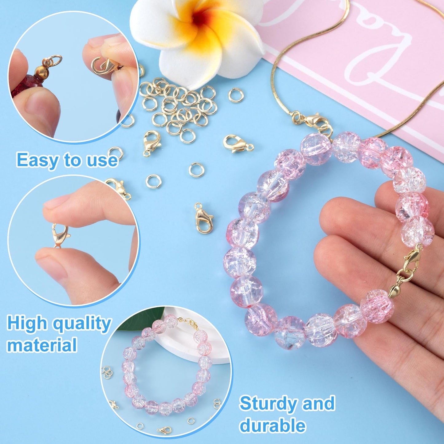 BEIQIYA 30pcs Lobster Claw Clasps & Jump Rings, 14K Gold Plated Metal Lobster Clasps, Jump Rings Jewelry Finding Kit for Necklace Bracelet Jewelry Making
