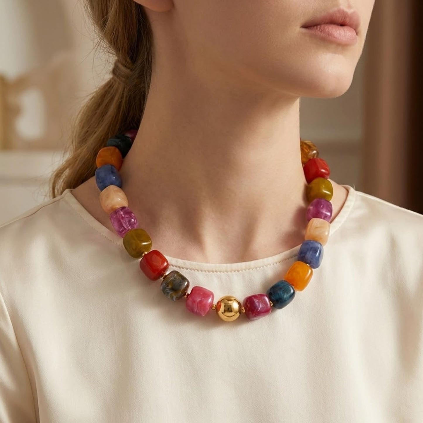 Mchic Colorful Beaded Choker Necklace for Women: Adjustable Boho Chunky Colorful Beads Strand Necklace Acrylic Square Bead Jewelry Summer Beach Vibe Handmade Stainless Steel Necklace Gift