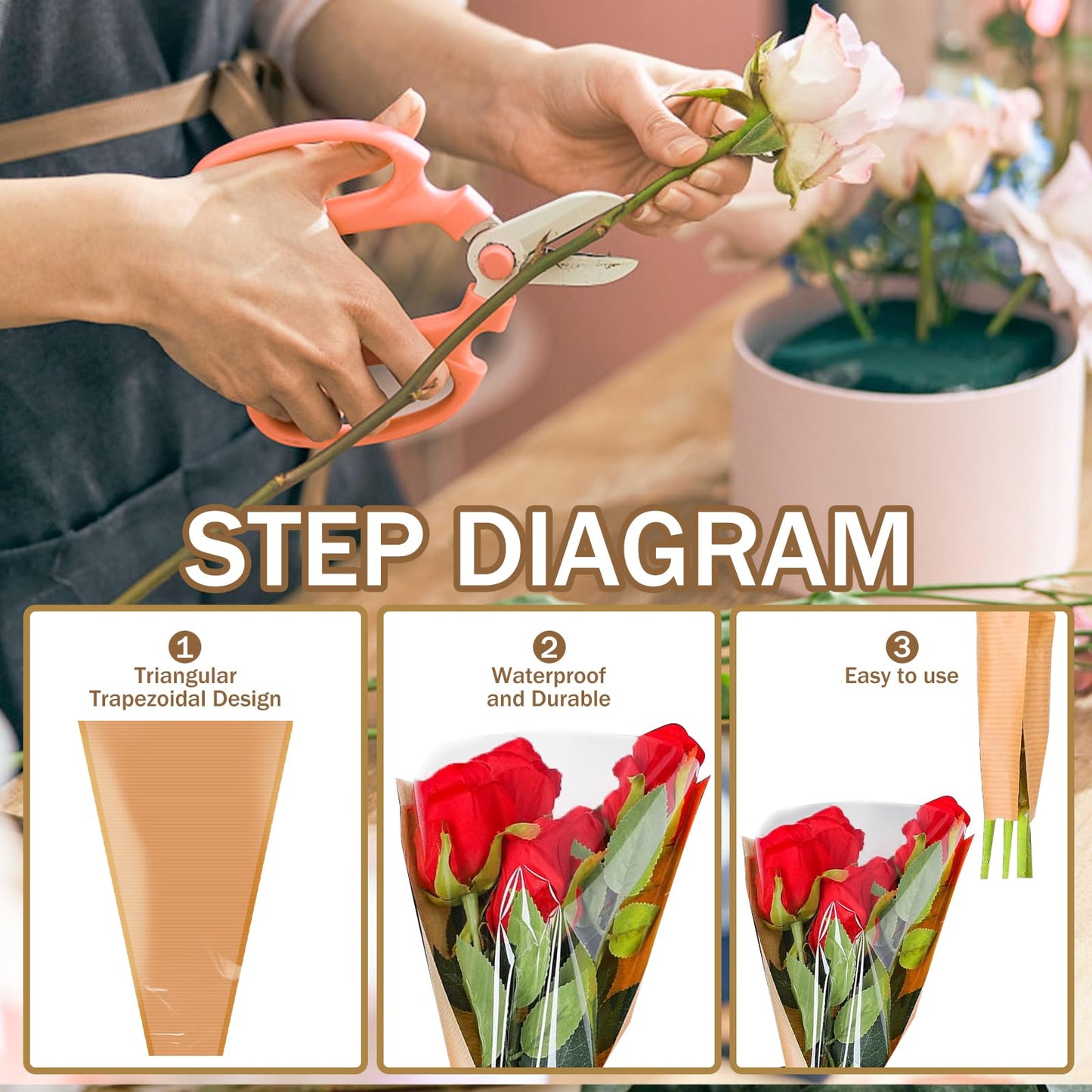 XABMU Flower Bouquet Bags - 50 Pack Kraft & Clear Floral Wrapping Sleeves for Wedding, Graduation, Mother’s Day Gifting & Florist Supplies