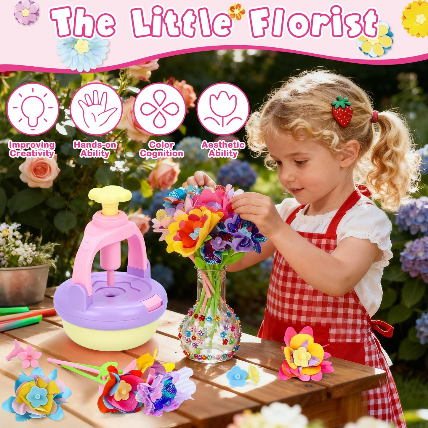 DIY Flowers Craft Kit for Girls, Flower Bouquet Maker Machine with 120 Fabric Petals, 14 Greeting Cards, Gift Wrap, Vase & Storage Bag, Creative Floral Arts and Crafts Toy for Kids Ages 3-12