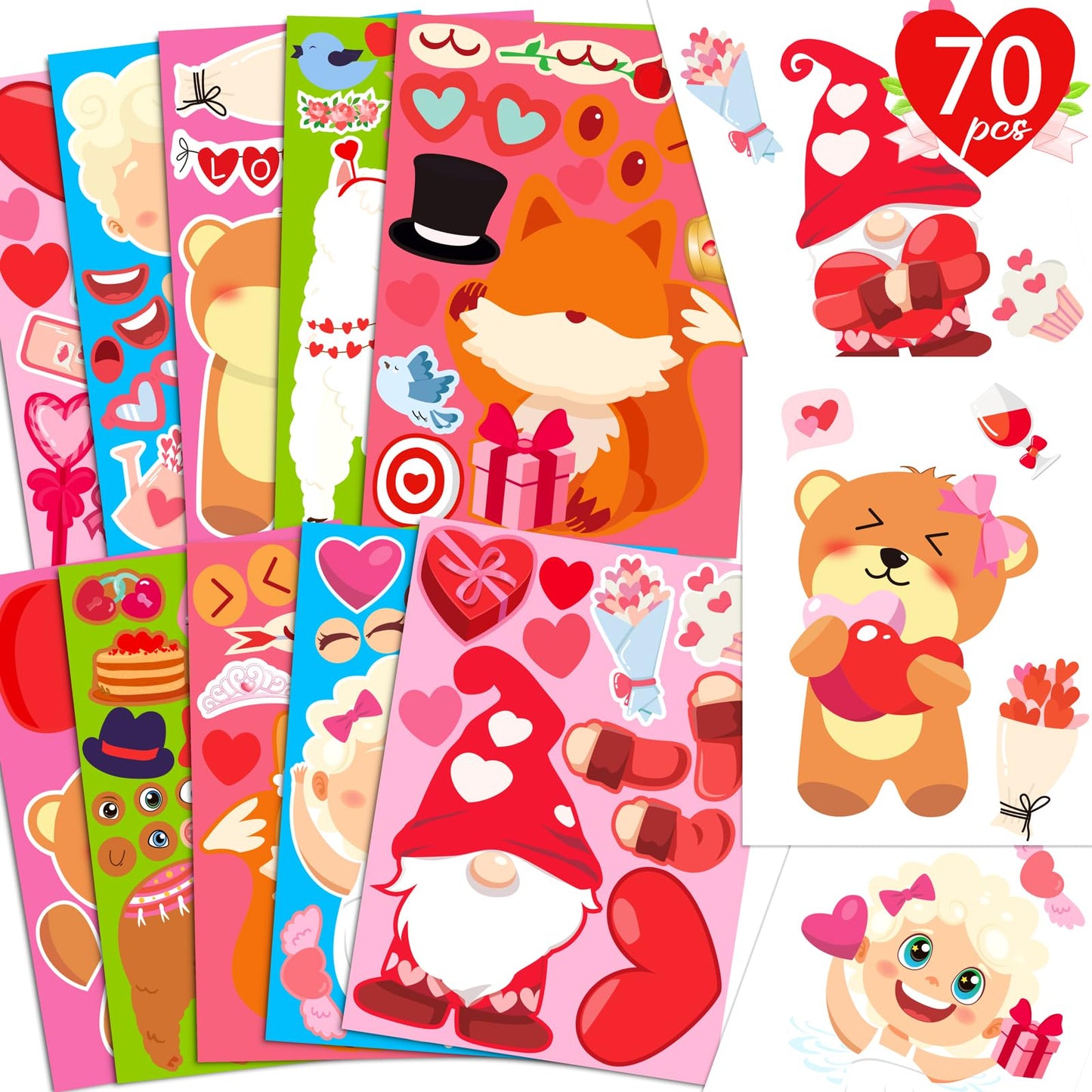 70Sheets Valentines Stickers Crafts for Kids - Make-A-Llama/Bear/Fox/Cupid/Gnome Face Sticker- Valentine's Day Gifts Goodie Bag Stuffer School Classroom Activity Games Party Favors (Small Size)