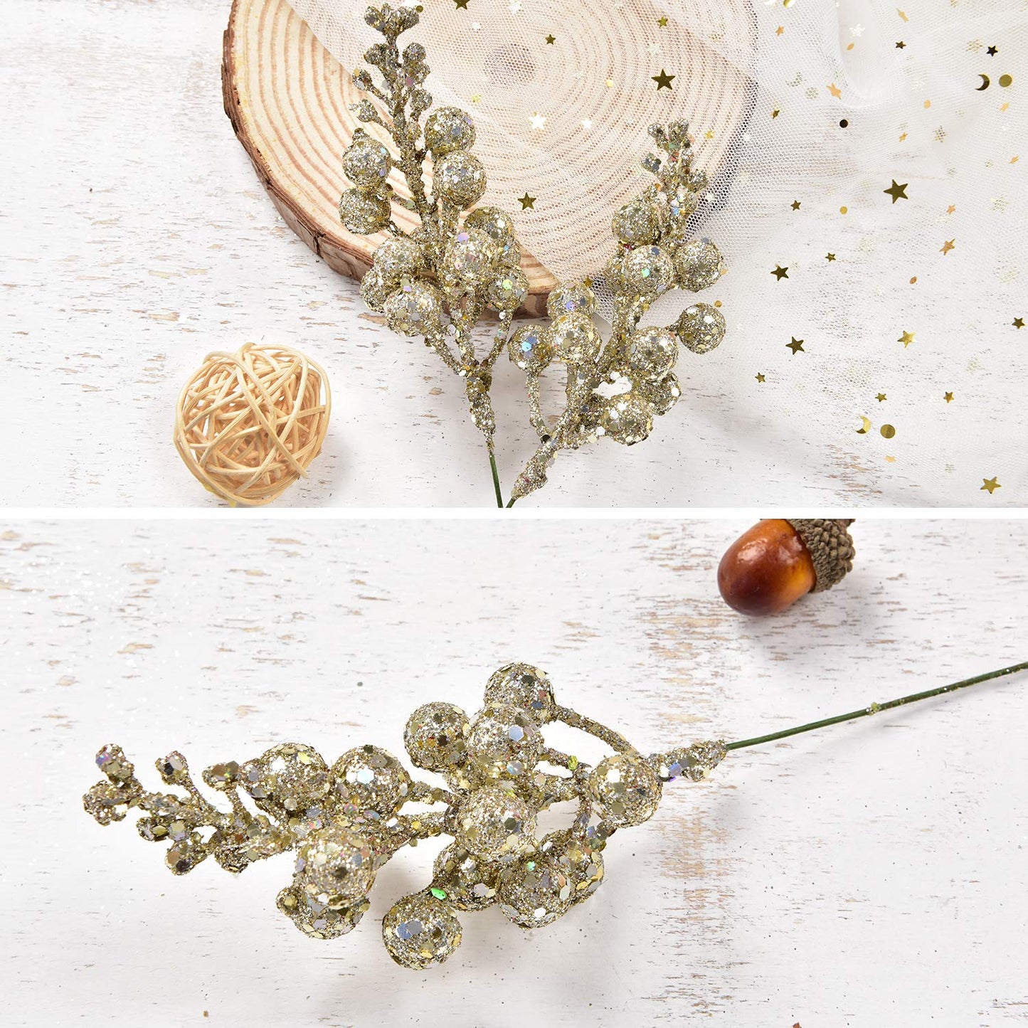 DearHouse 14 Pack Christmas Glitter Berries Stems, 7.7 Inch Champagne Artificial Christmas Picks for Christmas Tree Ornaments, DIY Xmas Wreath, Crafts, Holiday and Home Decor