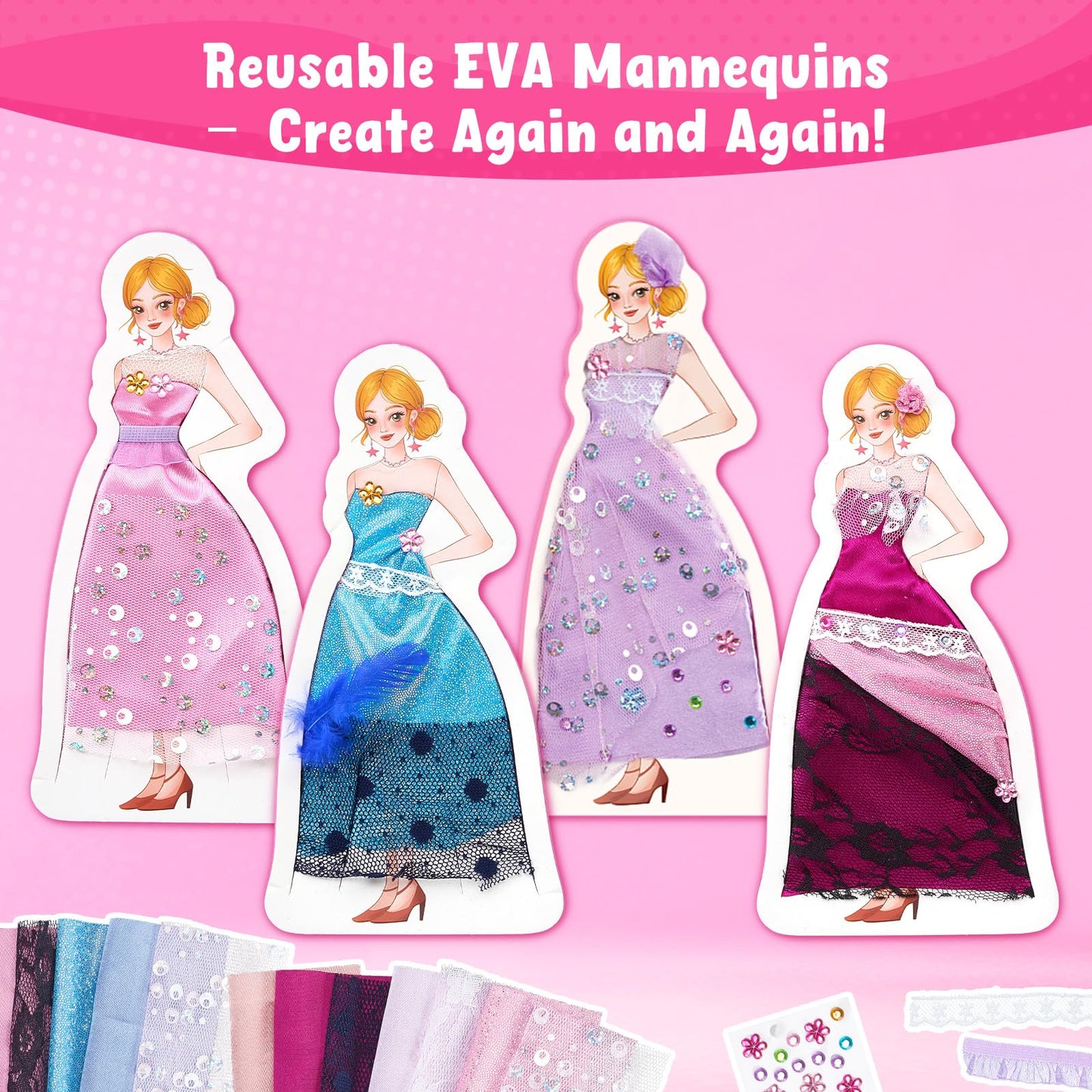Poke-in Fashion Designer Kit for Girls, No-Sew DIY Craft Toys with 6 EVA Mannequins & Real Fabric, Safe & Non-Toxic Creative Dress Up Activity, Mess-Free Arts and Crafts Gift for Girls Age 5-12