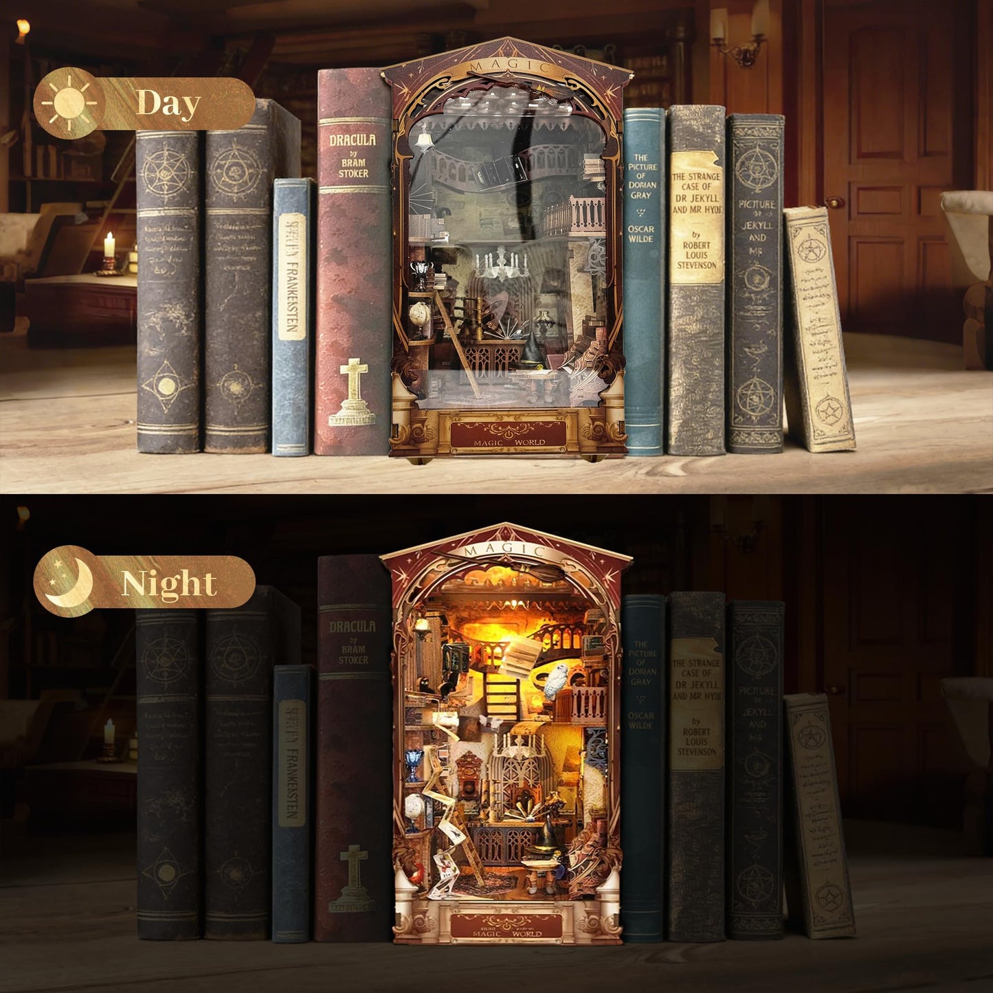 ZibbleZork Book Nook Kit, DIY Miniature Dollhouse Kit, 3D Wooden Puzzle for Adults and Teens, Booknook Bookshelf Decor Craft, Gifts for Women, Teens, and Puzzle Lovers (Magic World)