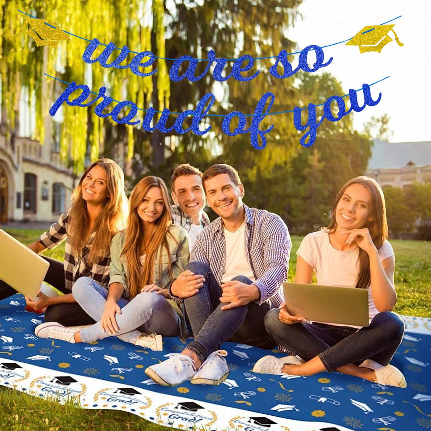 Navy-Blue White-Gold Party-Decoration Graduation Banner - 8pcs Kits Cap Garland Streamers, Paper Tissue Pom Poms Flowers,We are So Proud of You Grad Graduation 2026 Decor Lasting Surprise